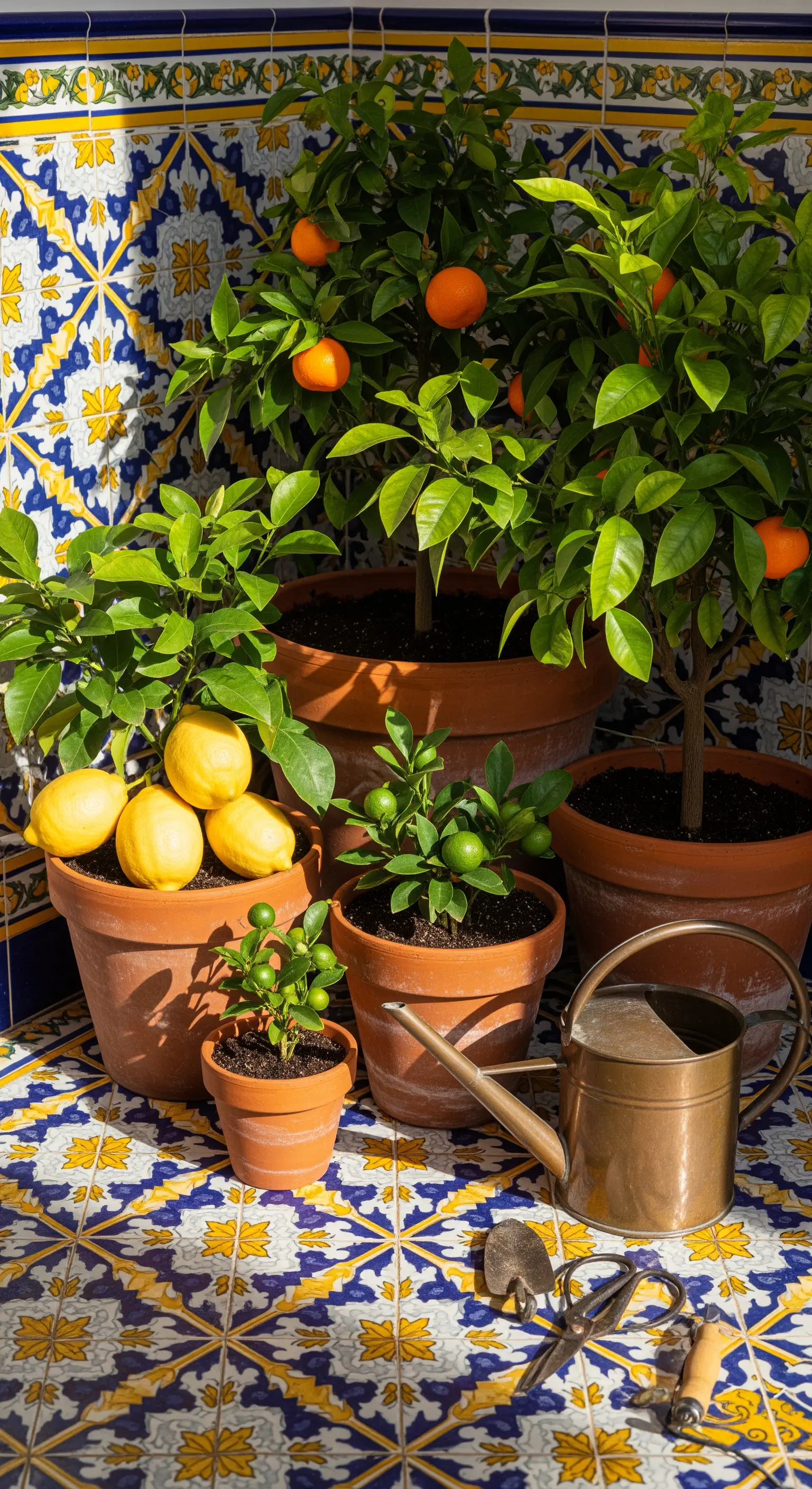 Gruppo di piante di agrumi in vasi di terracotta su un pavimento di maioliche gialle e blu.