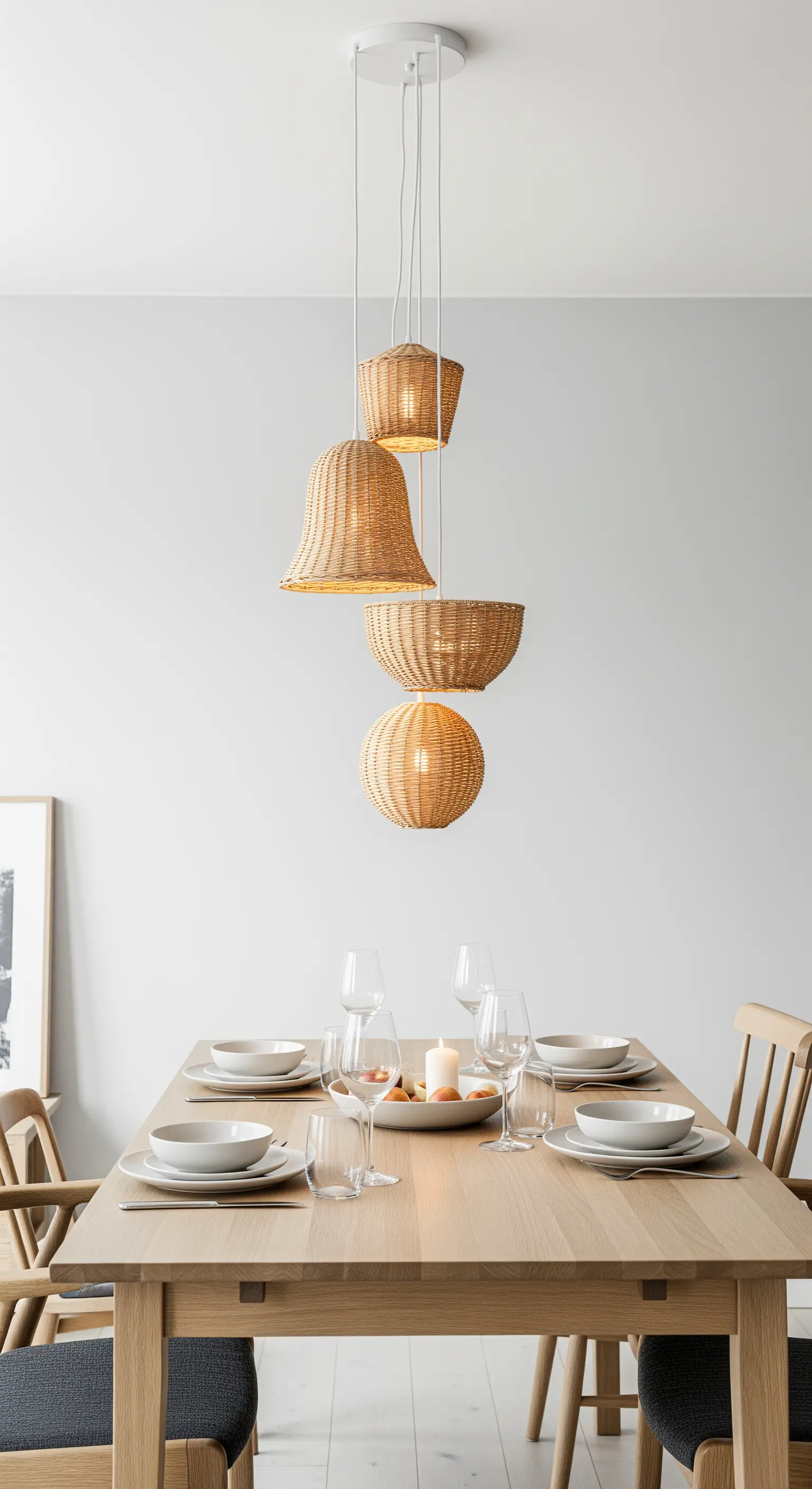 Tre lampadari a cestino di forme diverse sospesi sopra un tavolo da pranzo.