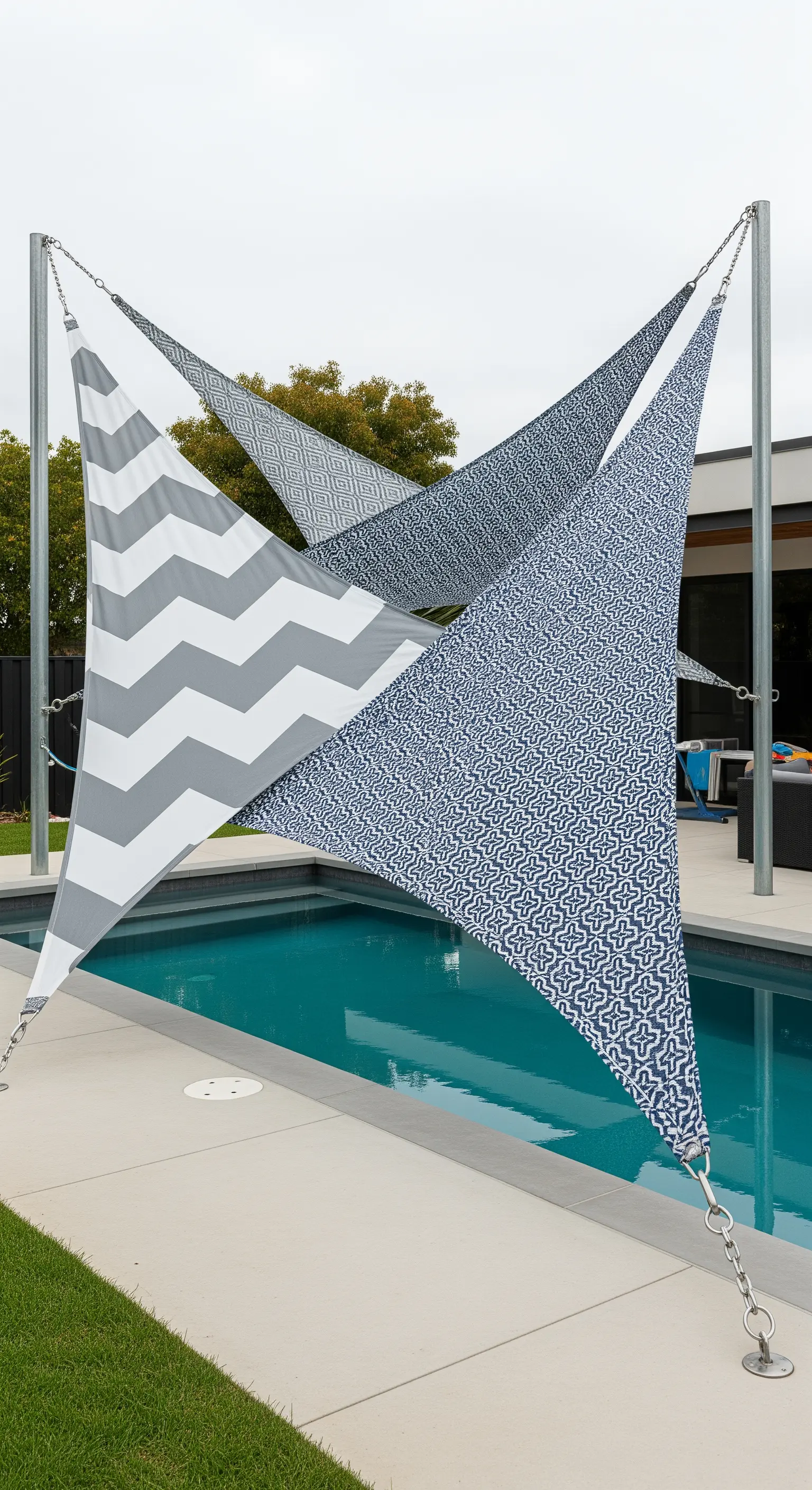 Diverse tende a vela triangolari con motivi geometrici grigi sovrapposte sopra una piscina.