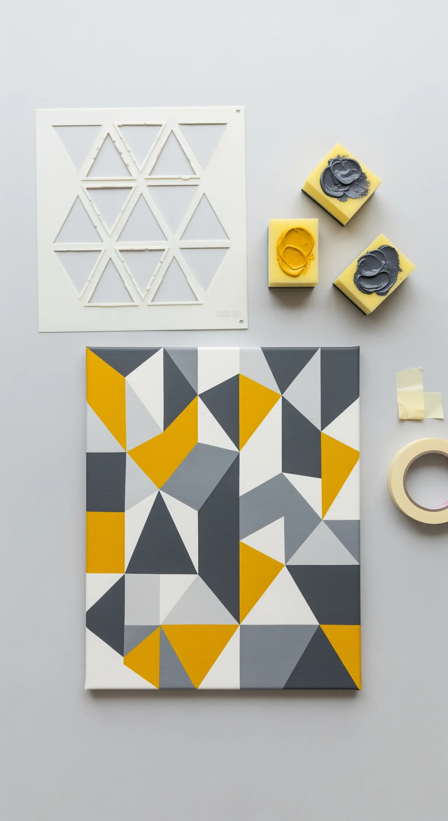 Quadro geometrico con triangoli grigi, gialli e bianchi, realizzato con l'aiuto di uno stencil.