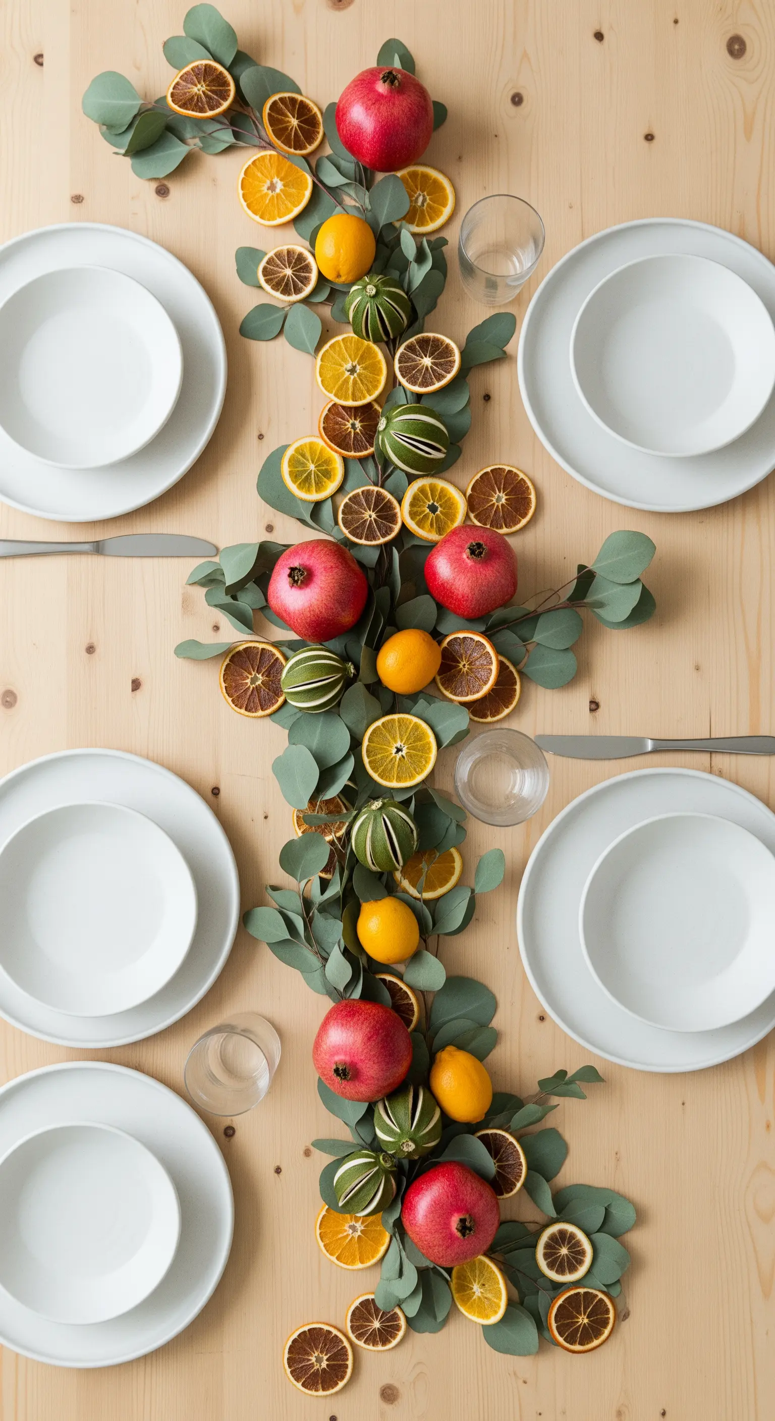 Runner da tavola moderno con rami di eucalipto, melograni e agrumi su fondo in legno chiaro