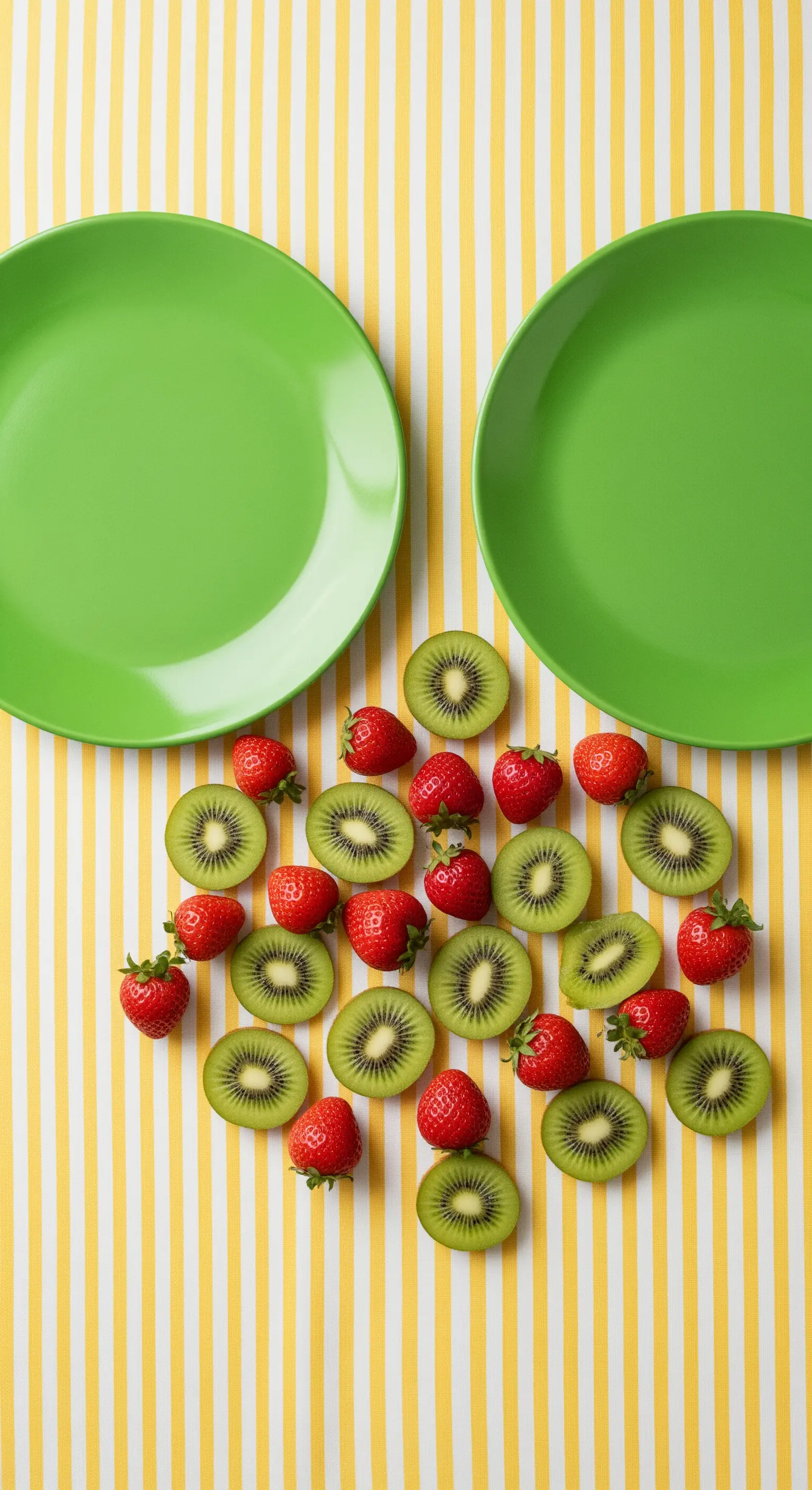 Fragole e kiwi disposti a formare un motivo decorativo su una tovaglia a righe gialle.