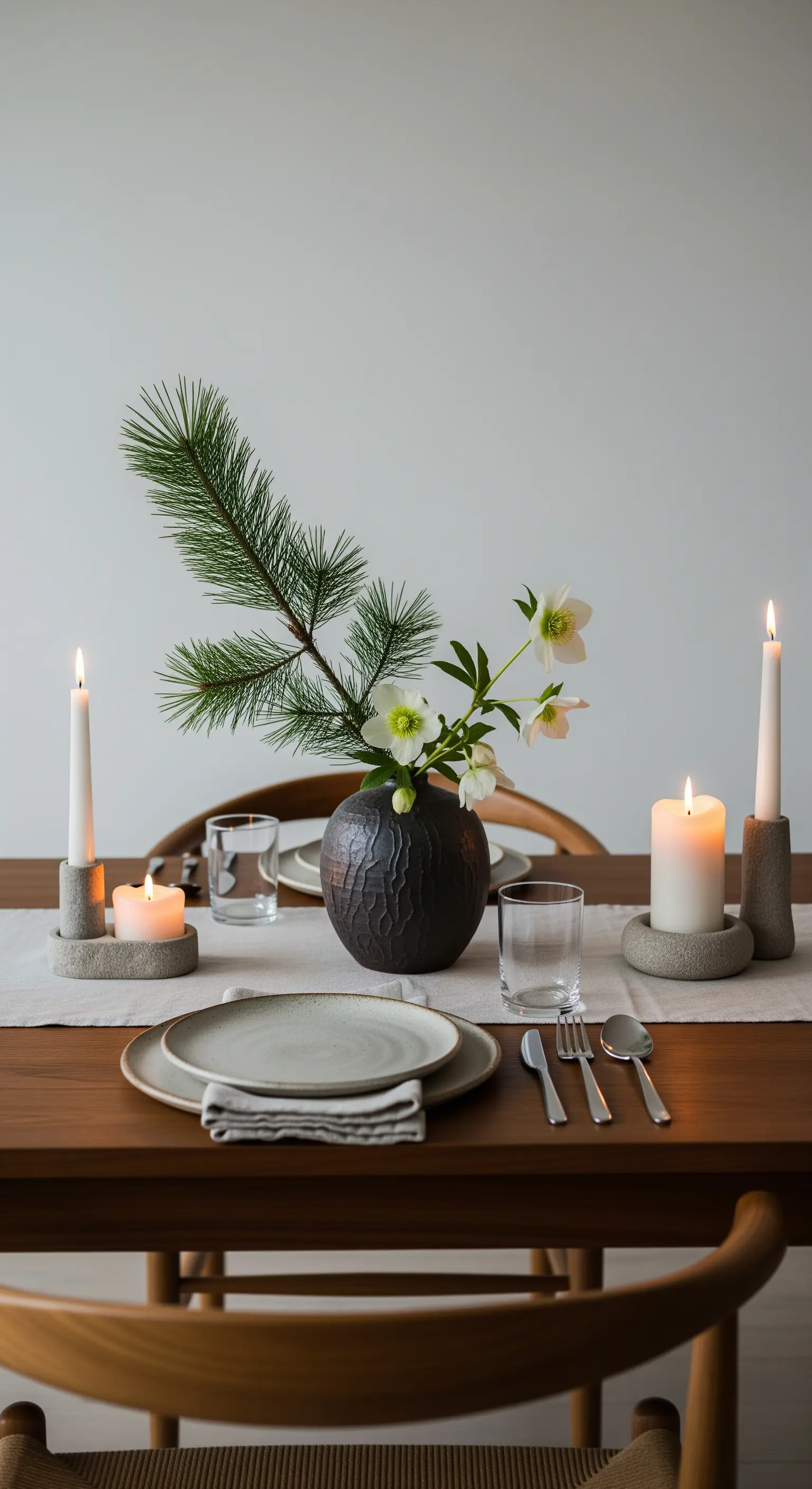 Centrotavola minimalista con ramo di pino e fiori di elleboro in un vaso scuro.