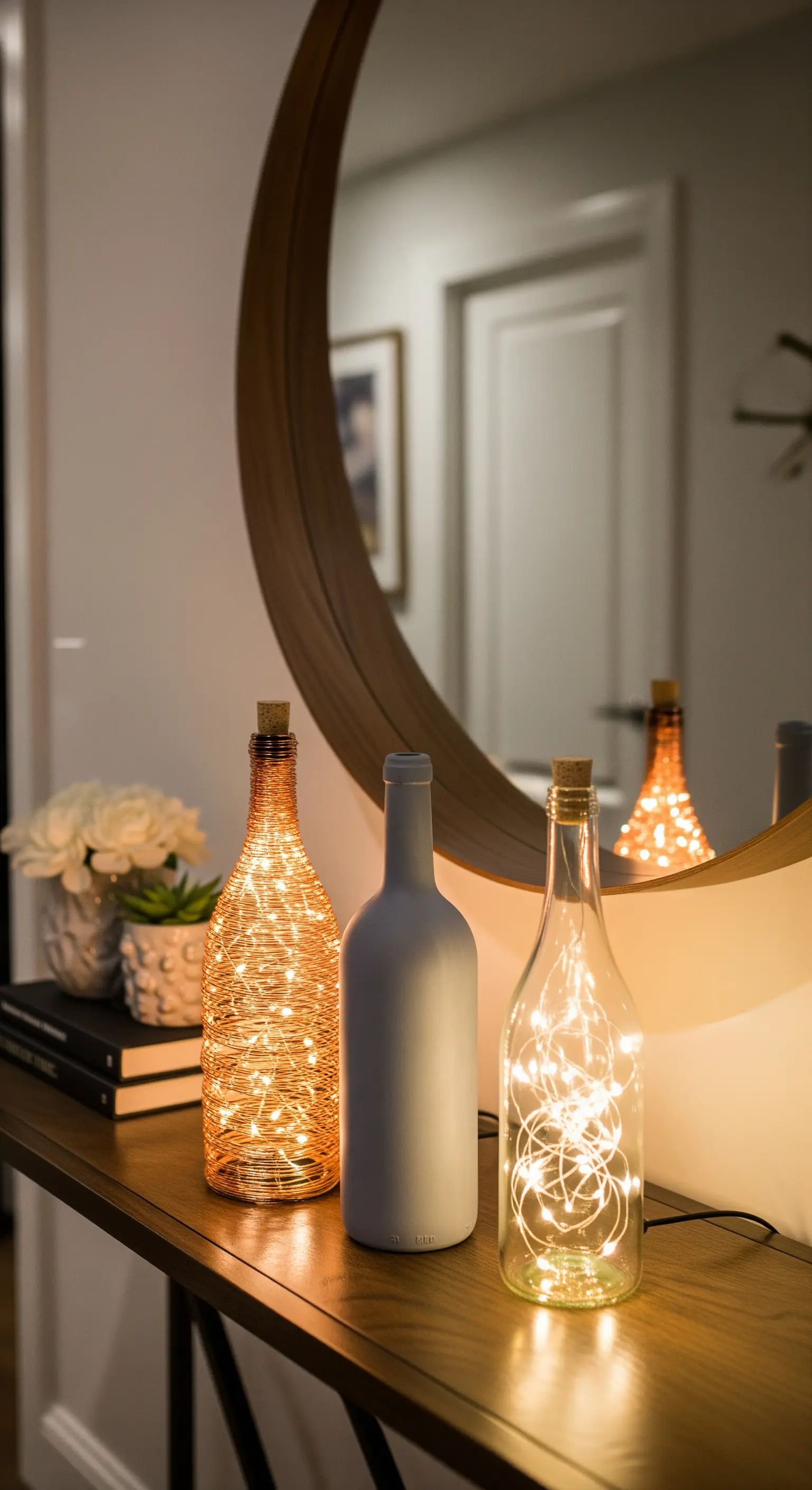 Tre lampade-bottiglia su una consolle: una con filo di rame, una grigia opaca, una con lucine.
