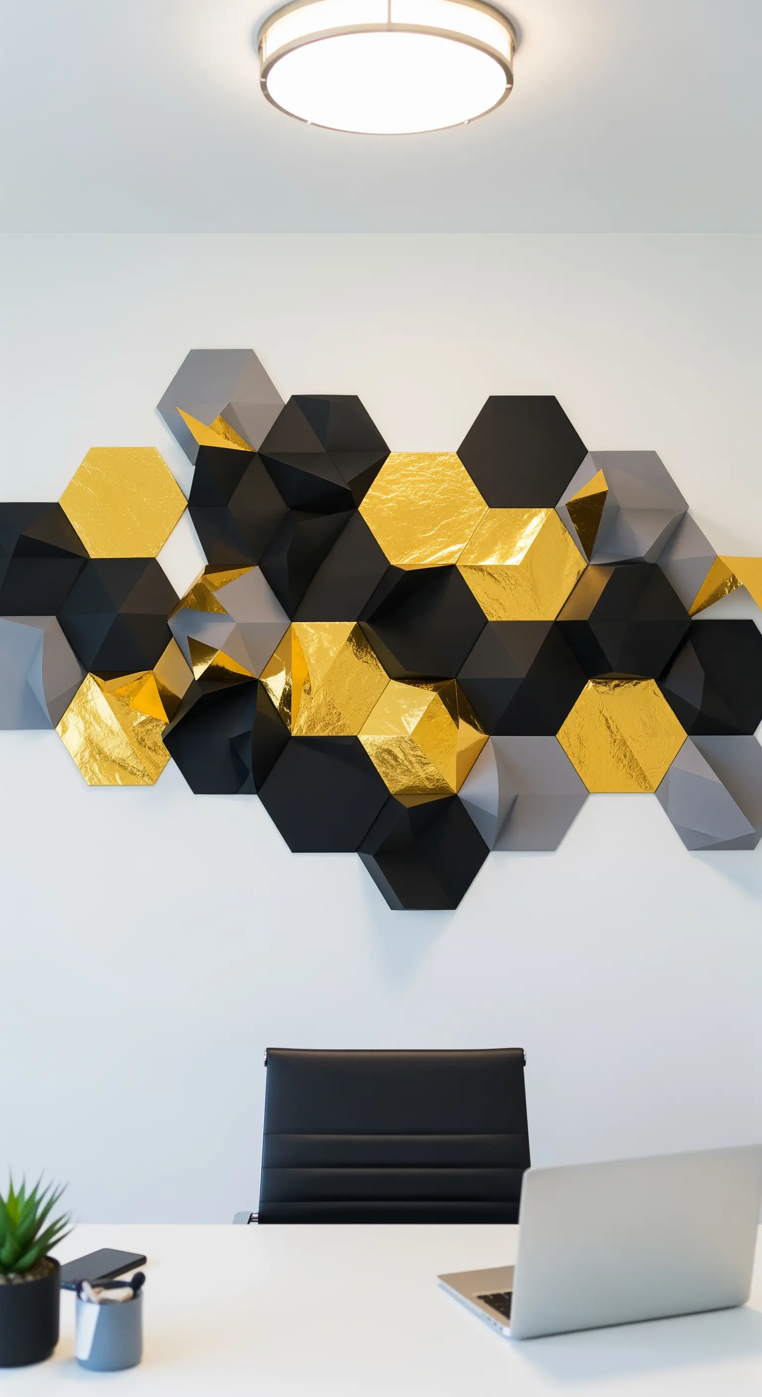 Pannello decorativo 3D con esagoni neri, grigi e dorati sopra una scrivania moderna.