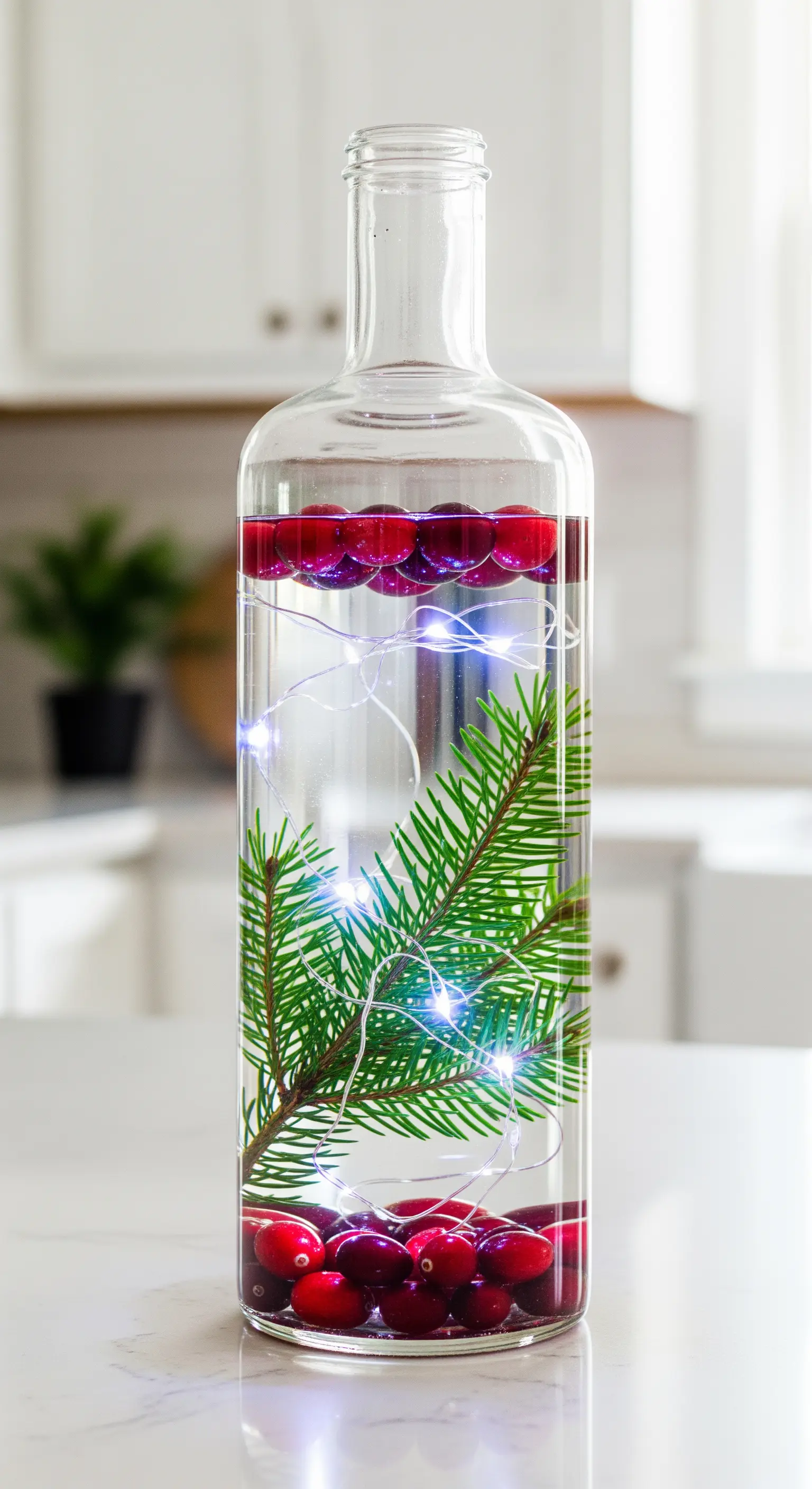 Bottiglia trasparente riempita d'acqua con rametti di pino, mirtilli rossi e lucine LED.