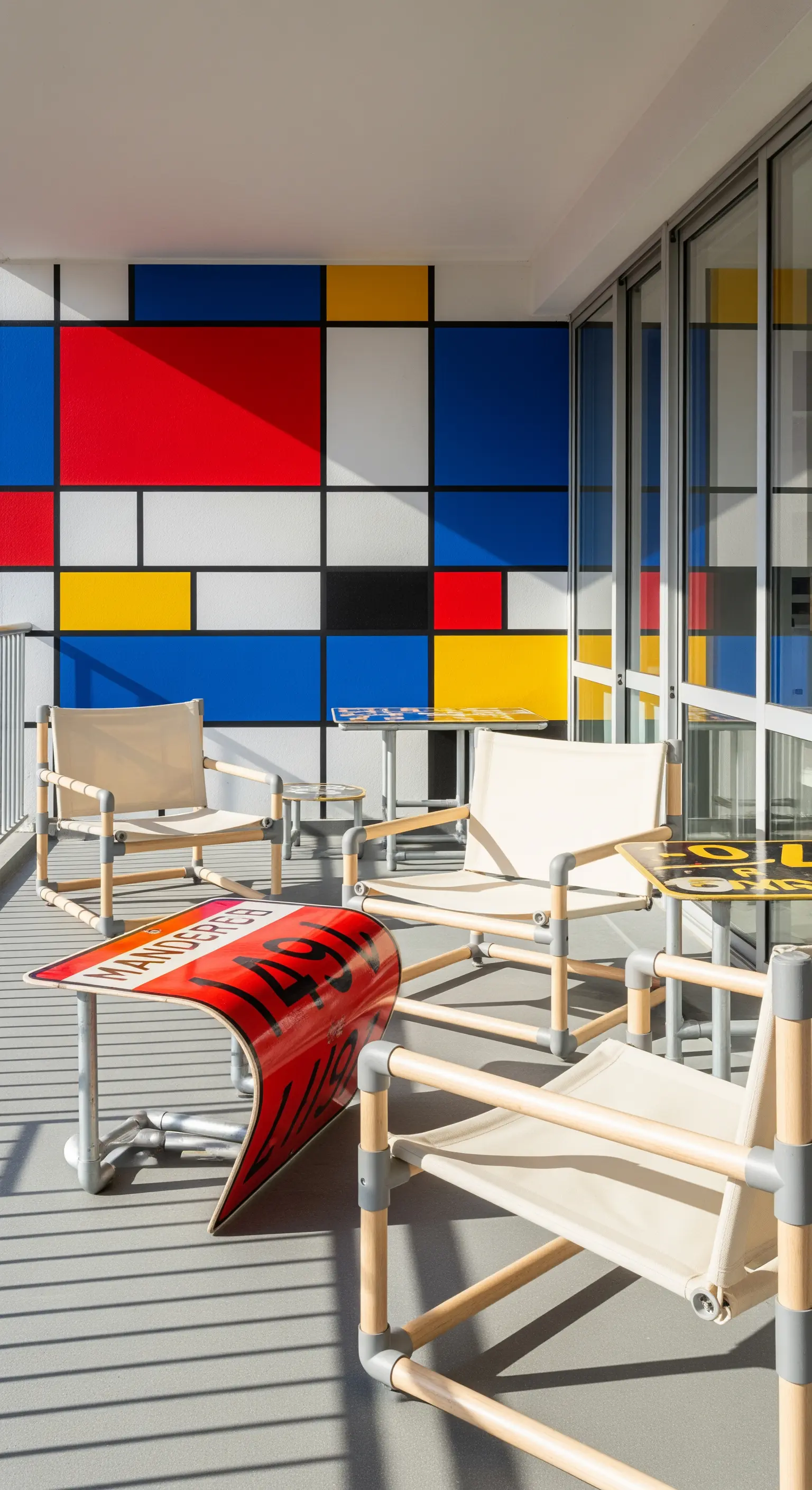Balcone con murale in stile Mondrian, sedie da regista fai-da-te e un tavolino ricavato da un segnale.
