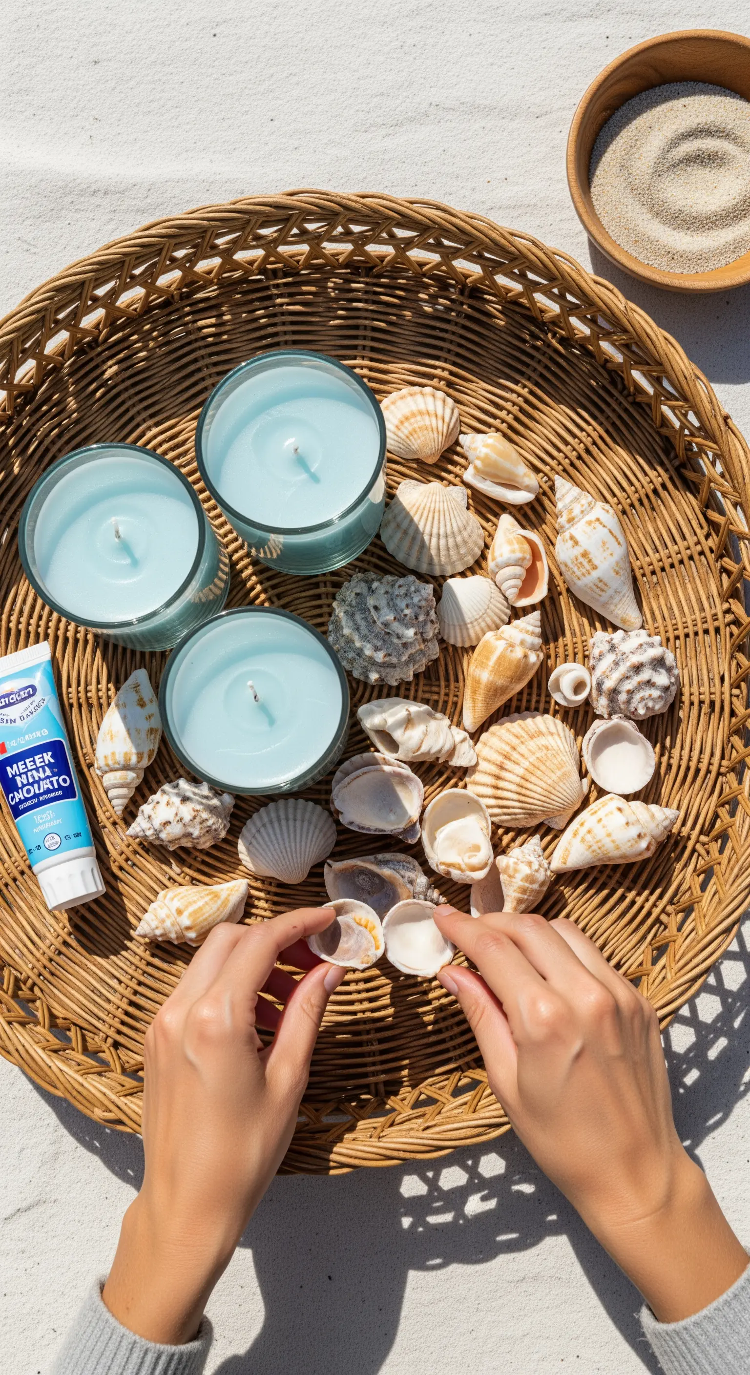 Mani che dispongono conchiglie su un vassoio di vimini accanto a candele azzurre in vetro.