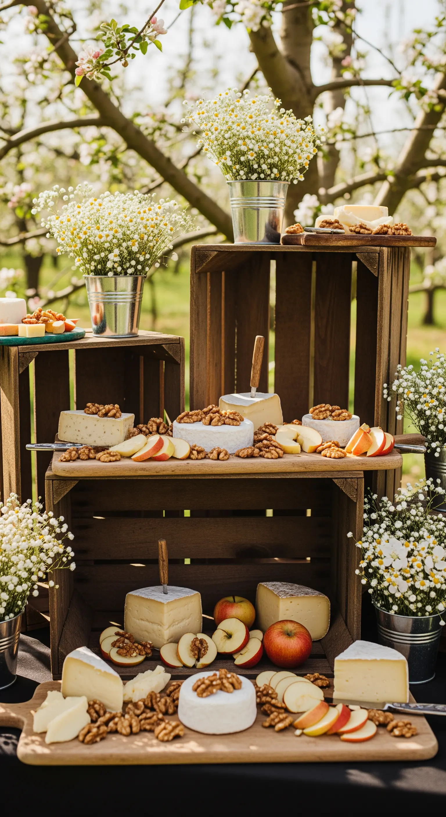 Buffet di formaggi, noci e mele allestito su cassette di legno impilate in un frutteto.