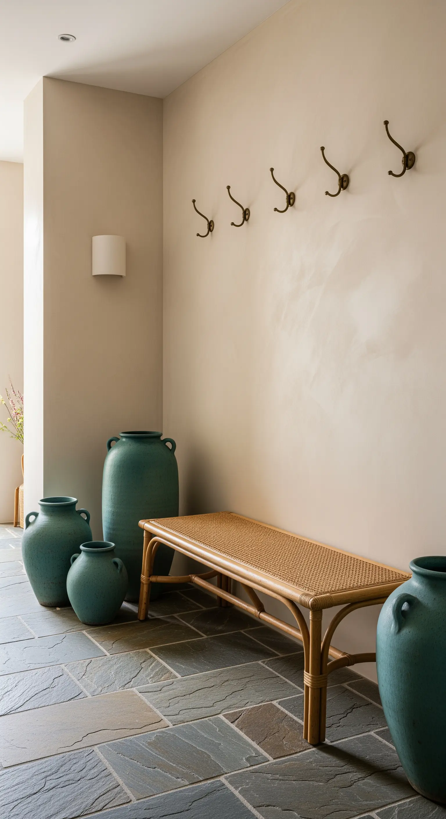 Gruppo di grandi vasi verde acqua accanto a una panca in rattan su un pavimento in ardesia.