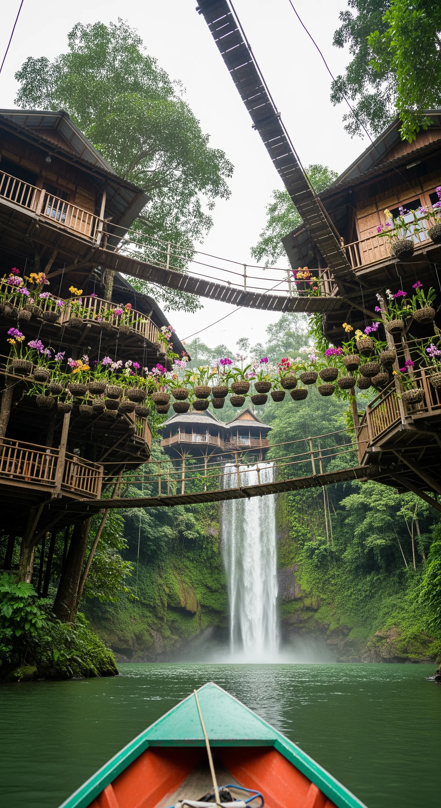 Case sull'albero collegate da ponti sospesi con cesti di orchidee, vista da una barca.