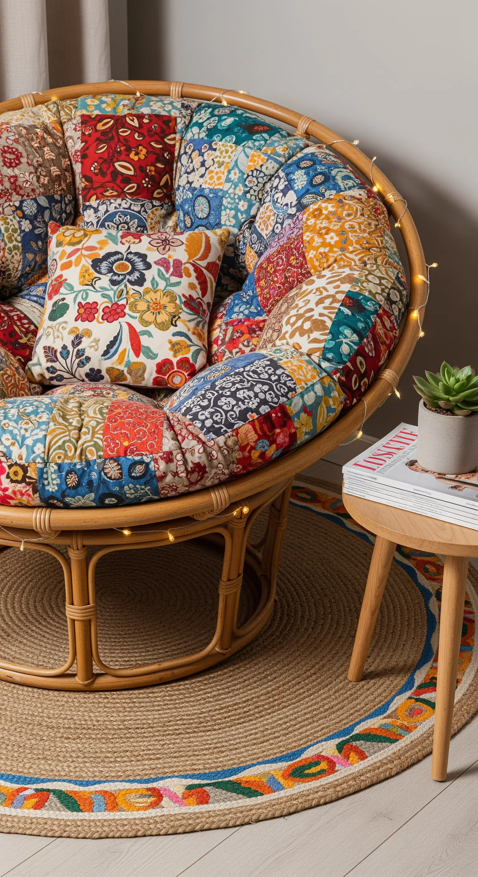 Poltrona Papasan con un grande cuscino patchwork colorato, abbinata a un tappeto di juta.