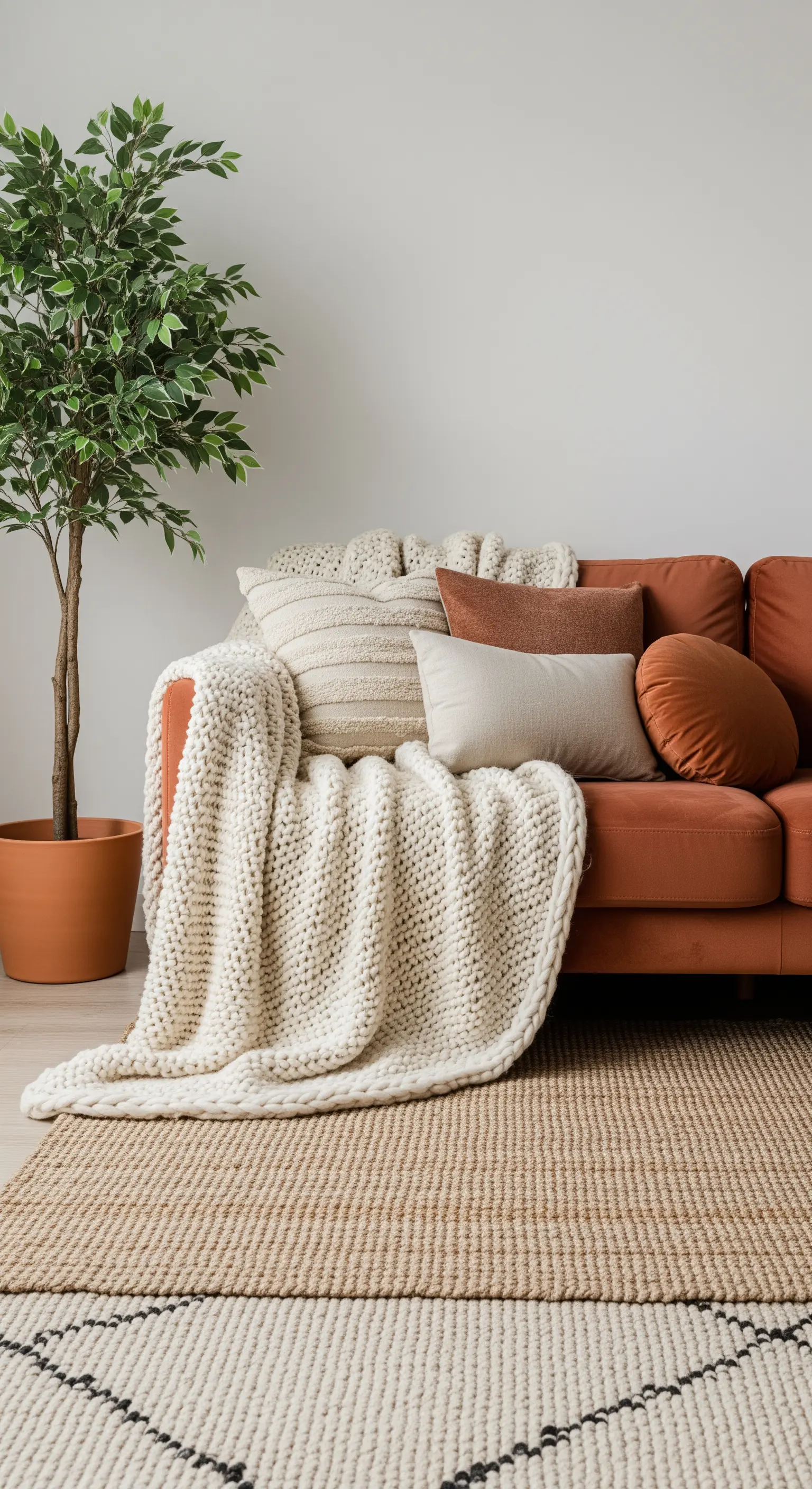 Primo piano di un divano terracotta con una coperta a maglia grossa e cuscini testurizzati