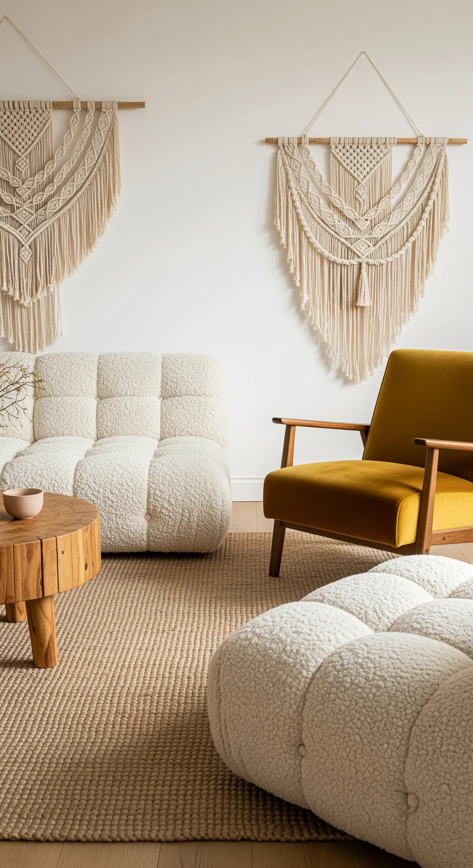 Dettaglio di un salotto con divano in bouclé, poltrona in velluto senape e decorazioni in macramè.