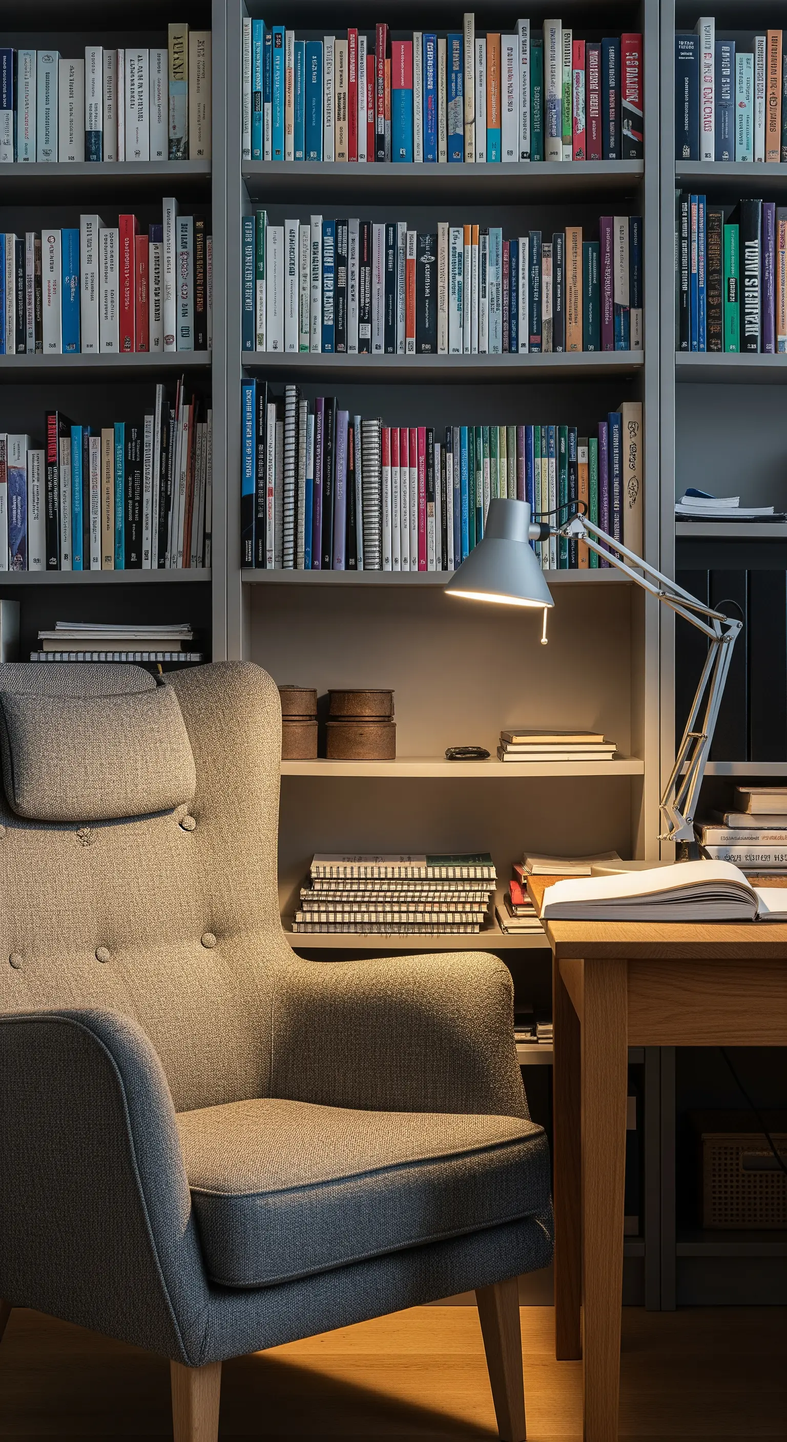 Angolo studio con libreria grigia, scrivania e poltrona di design per la lettura.