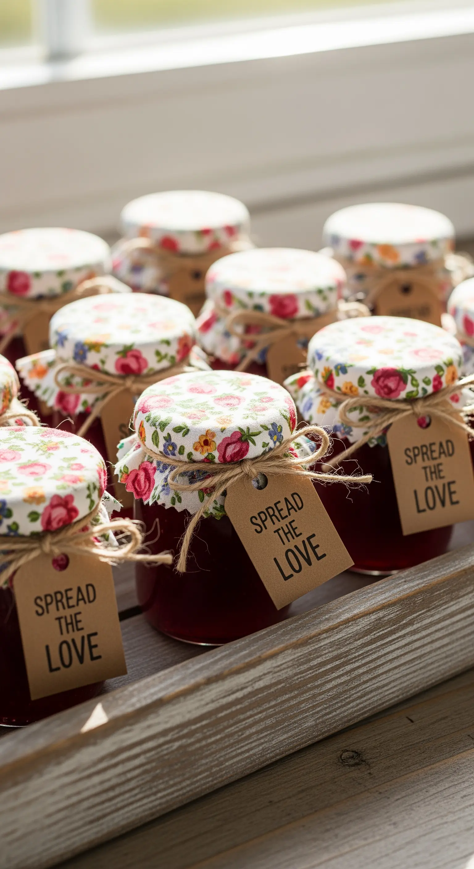 Vasetti di marmellata con coperchi in tessuto floreale e etichette 