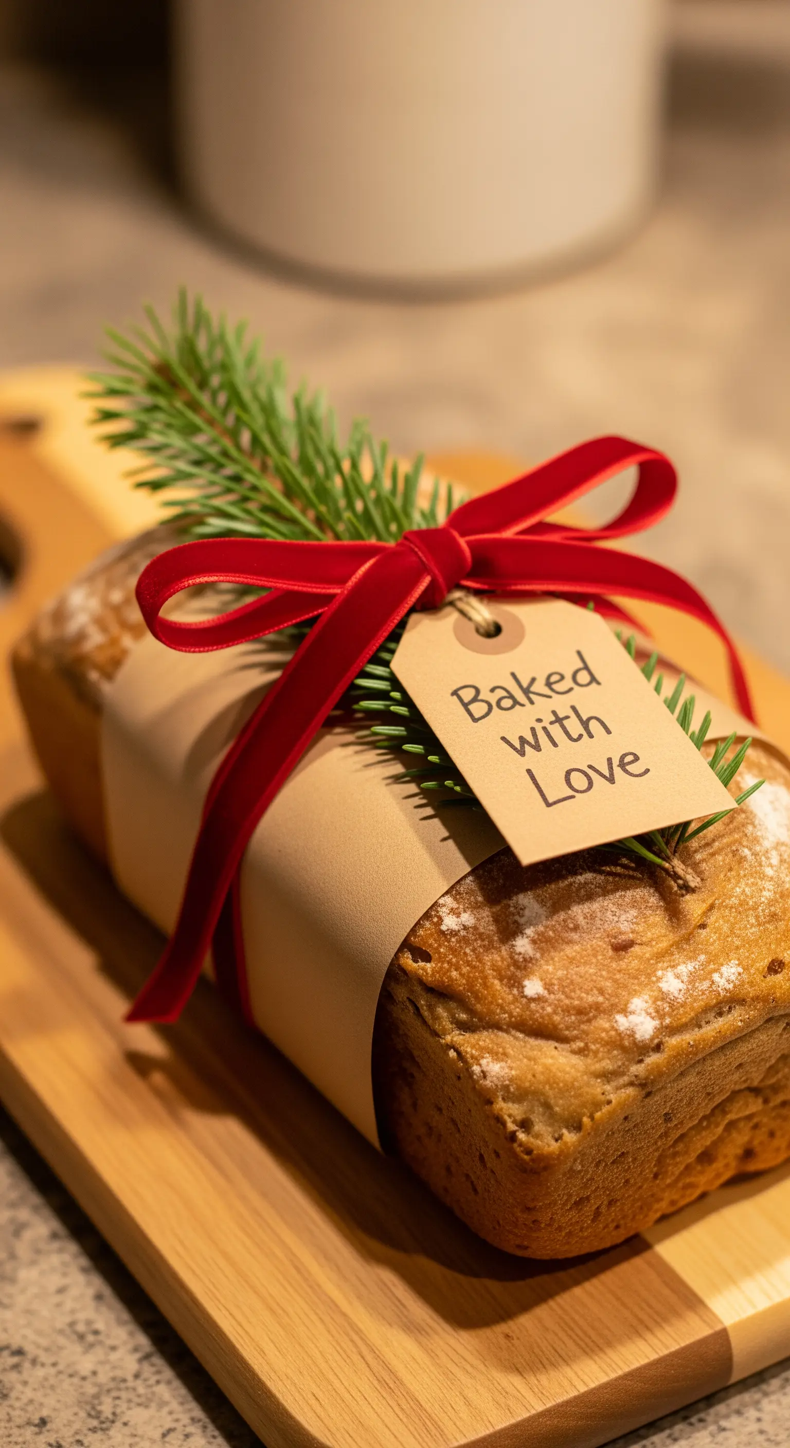 Plumcake fatto in casa avvolto in una fascia di carta kraft con etichetta e nastro rosso.