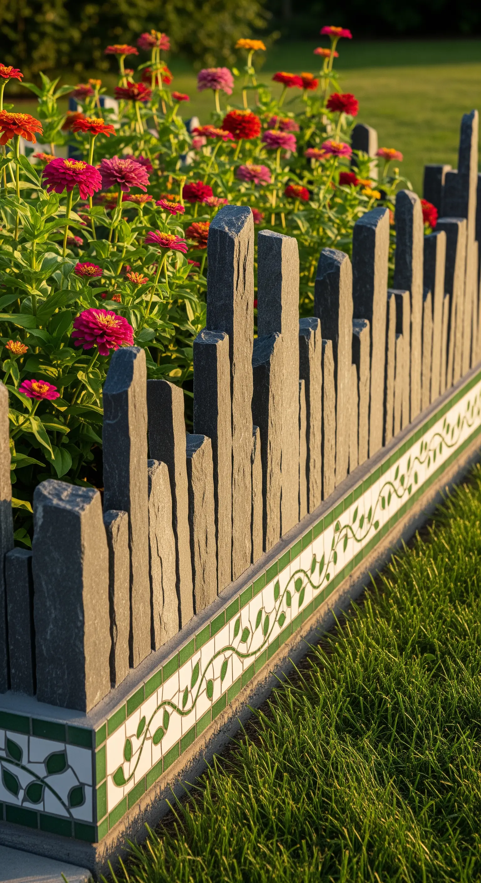 Bordo per aiuola con lastre di ardesia verticali e una fascia a mosaico con motivo a vite.