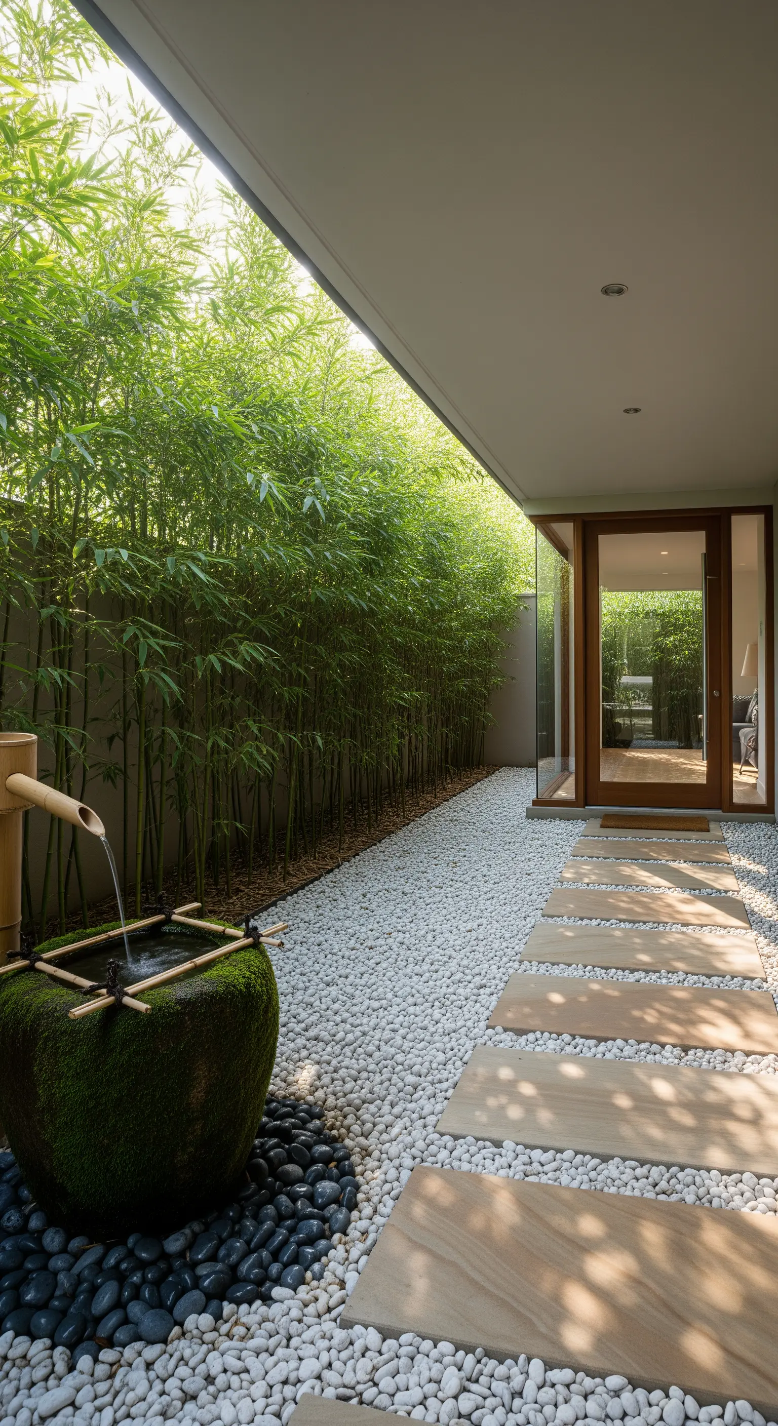 Sentiero in pietra tra ciottoli bianchi che conduce a un ingresso con parete di bambù.