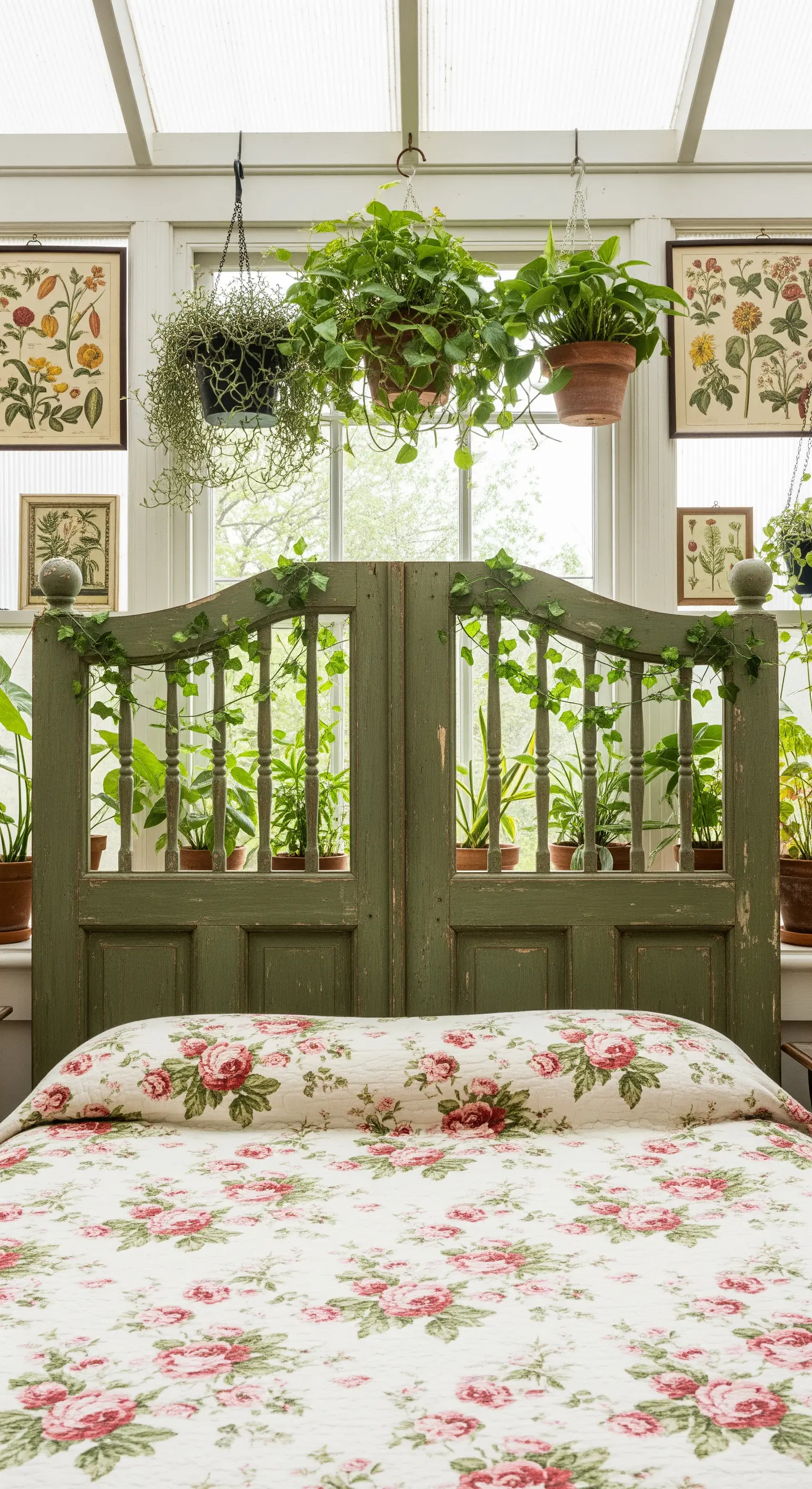 Testiera creata con due cancelli da giardino in legno verde, in una stanza piena di piante.