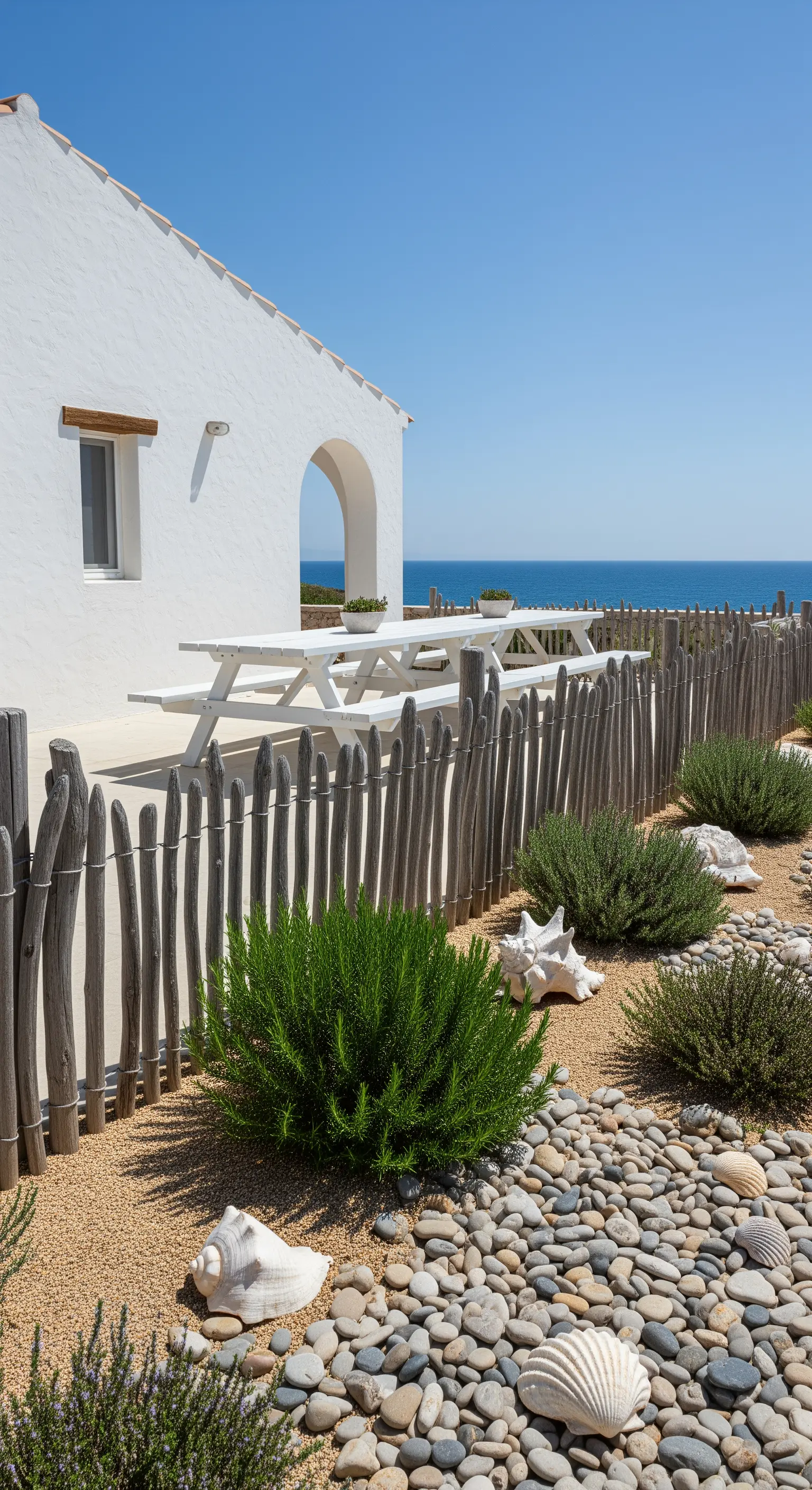 Recinzione in legno di mare sbiancato e tavolo da picnic bianco vista mare.