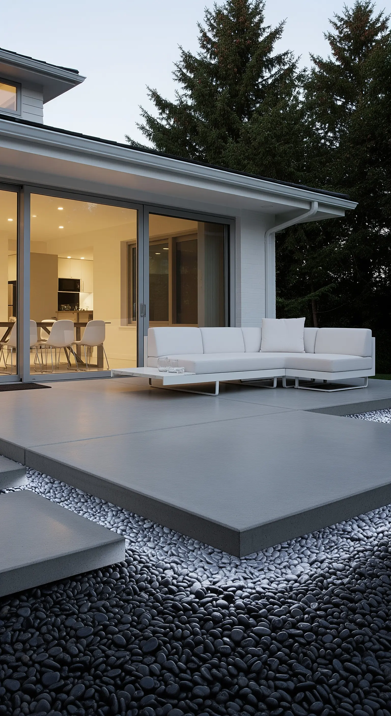 Patio in cemento con divano bianco, il cui perimetro è definito da ciottoli bianchi e neri illuminati dal basso