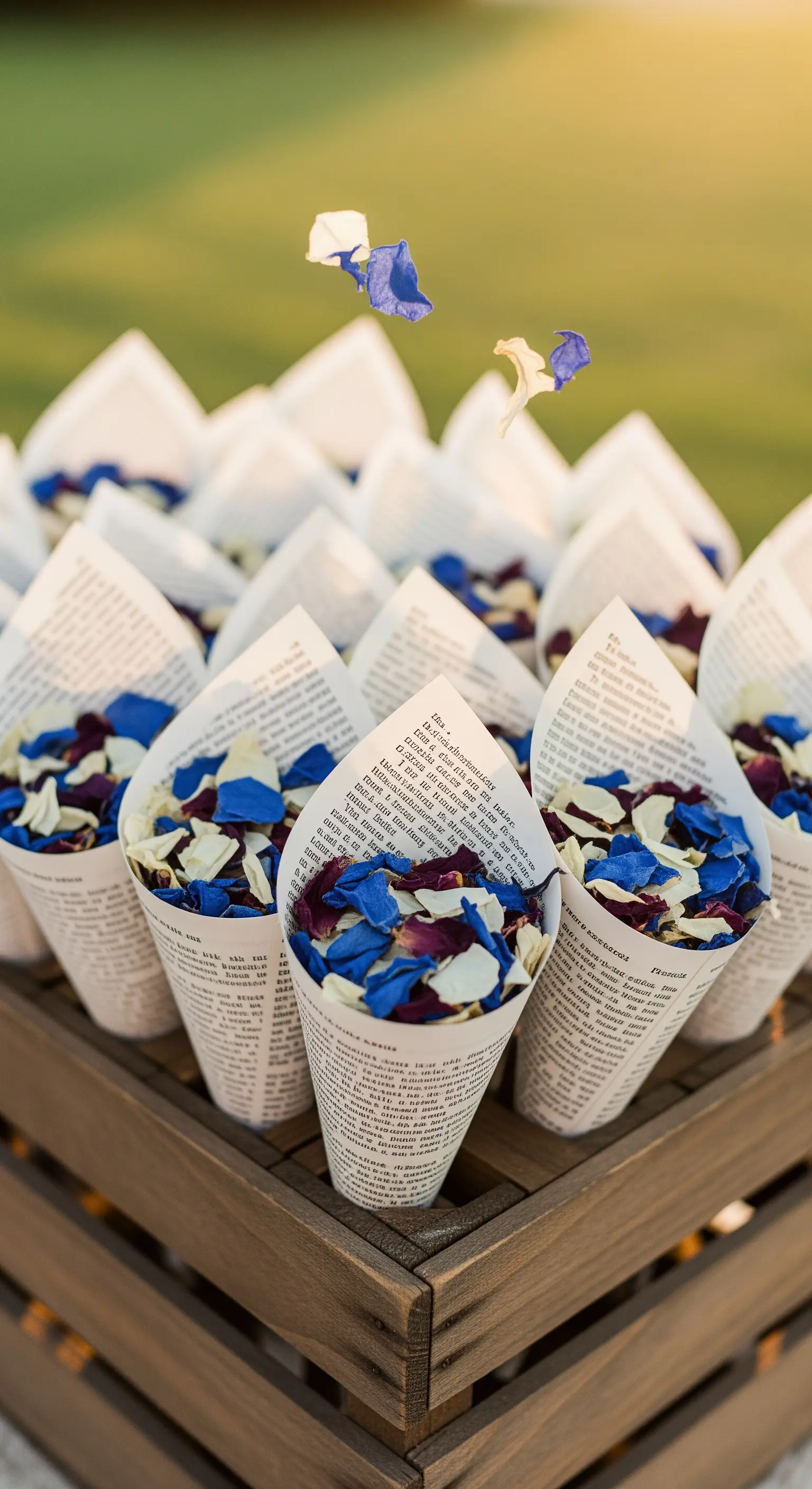Coni di carta di libro pieni di coriandoli di petali di fiori blu e bianchi in una cassa di legno