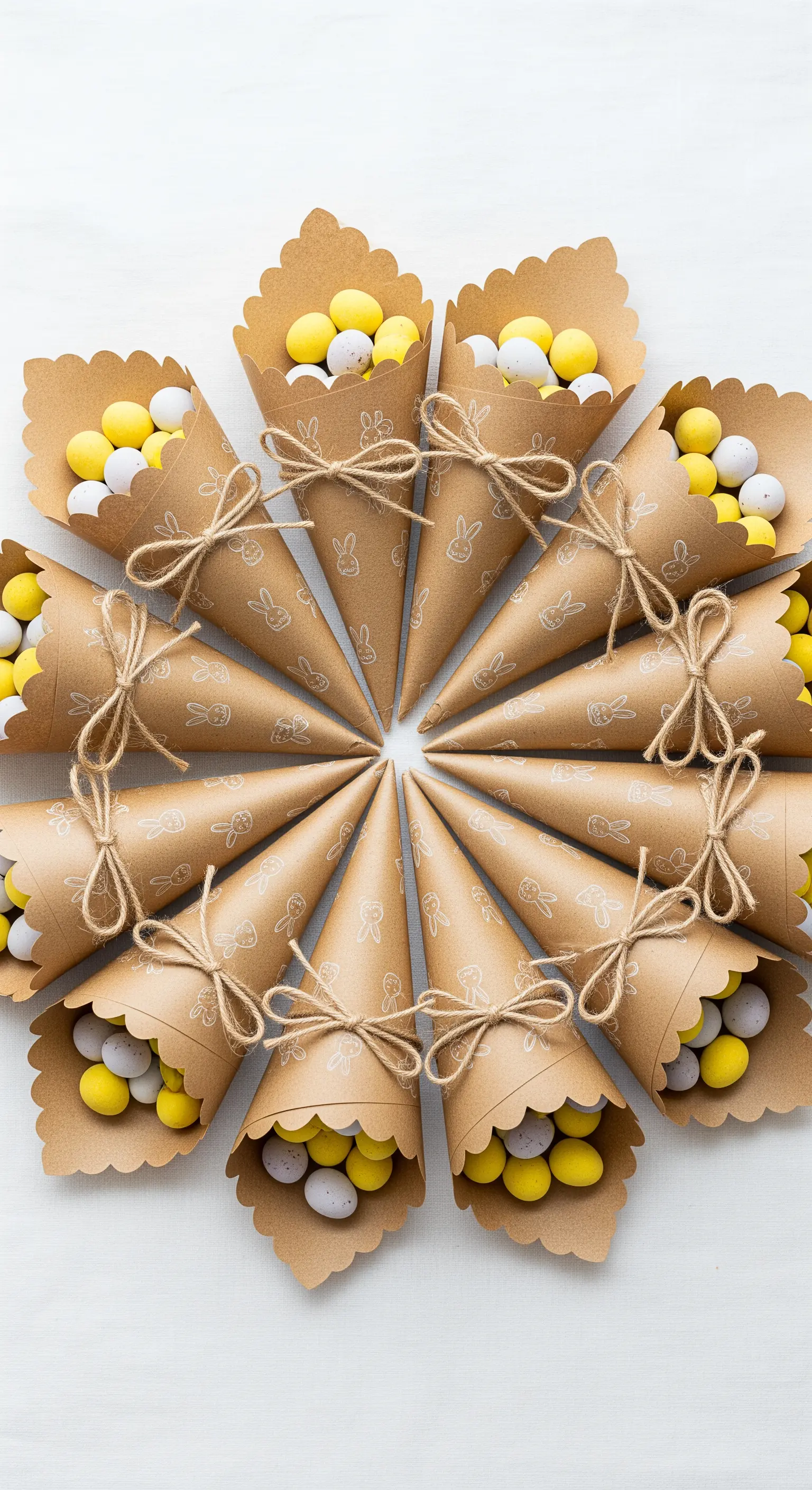 Coni di carta kraft con stampa di coniglietti, pieni di ovetti e legati con spago.