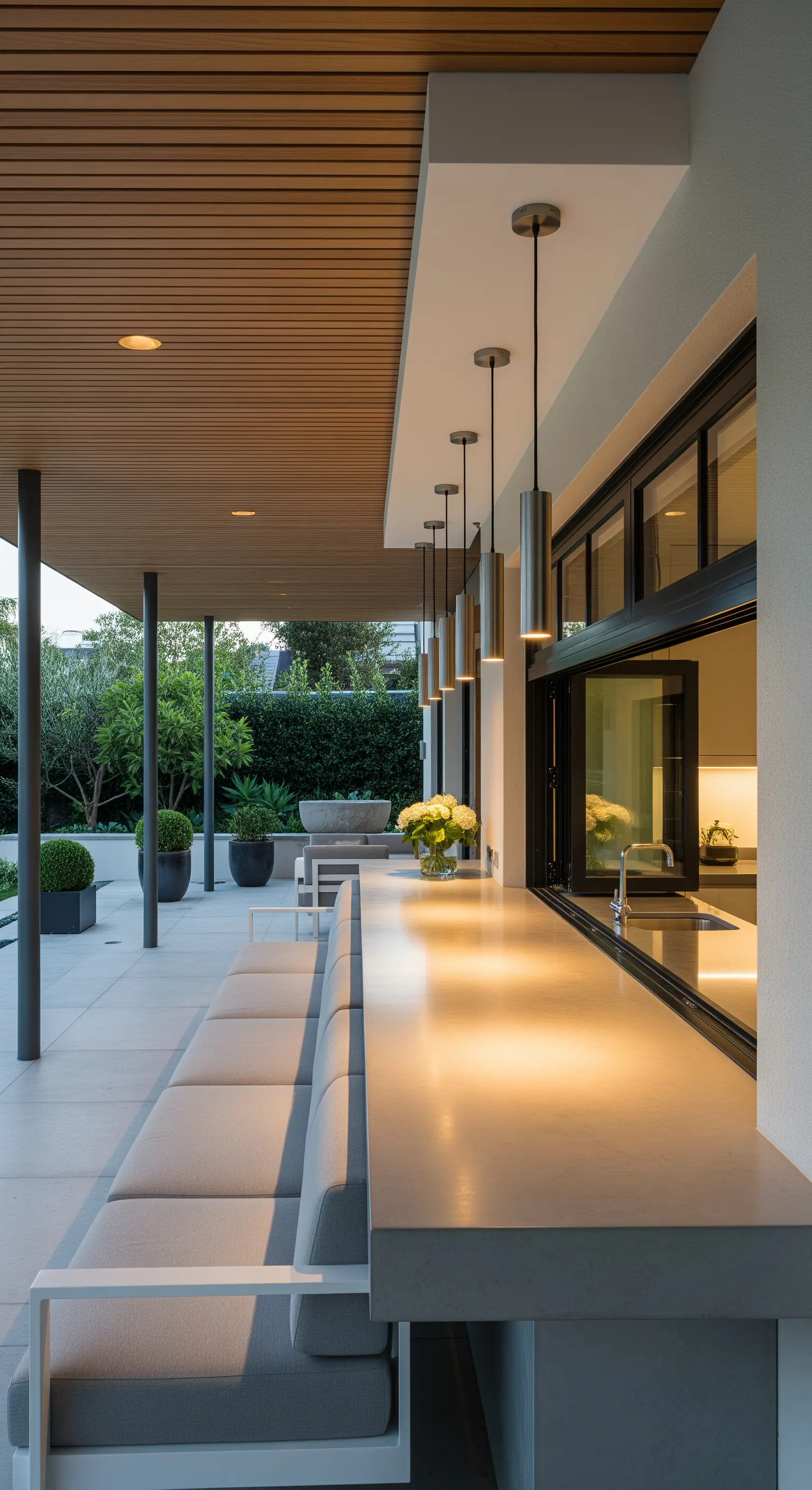 Bancone bar esterno collegato alla cucina, con sedute lunghe e lampade a sospensione