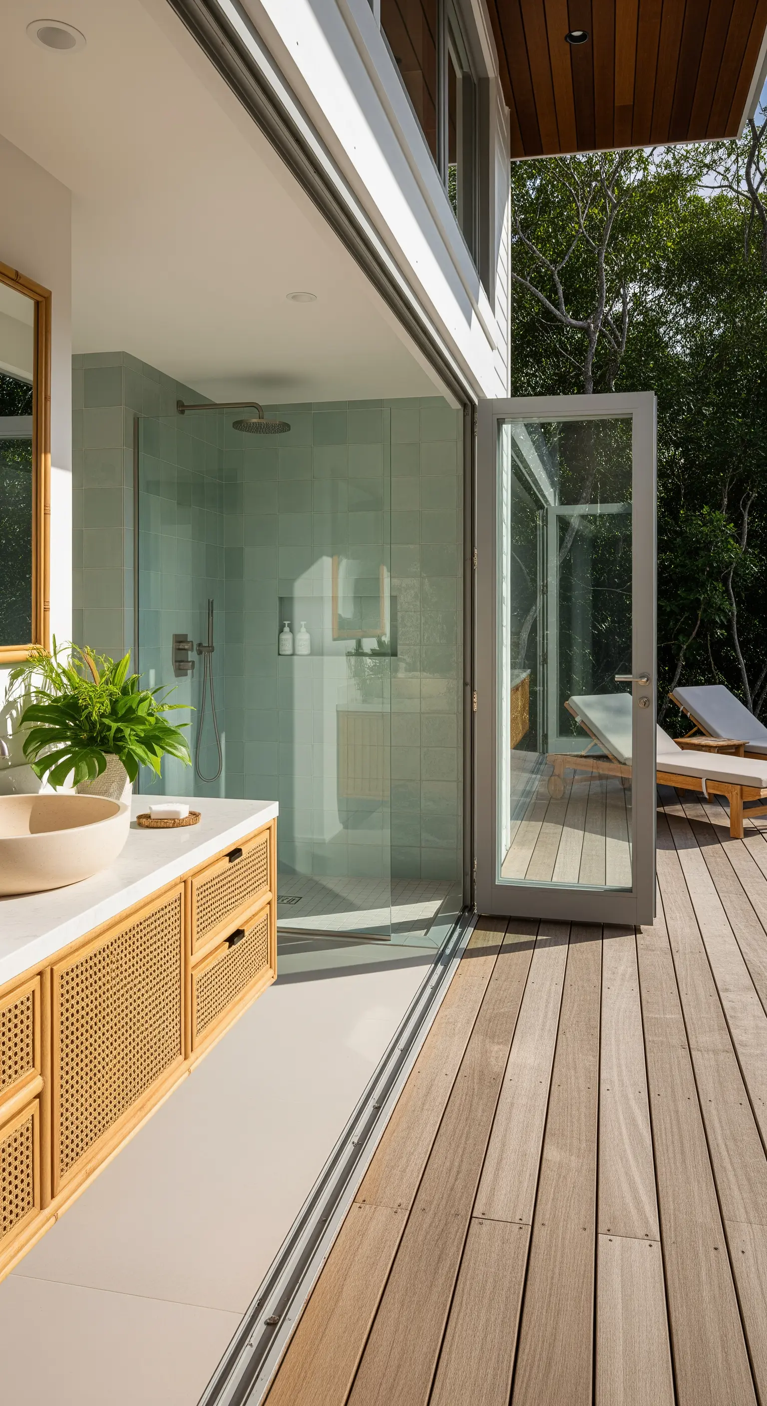 Bagno con porta a libro aperta su una terrazza in legno e doccia con piastrelle verdi.