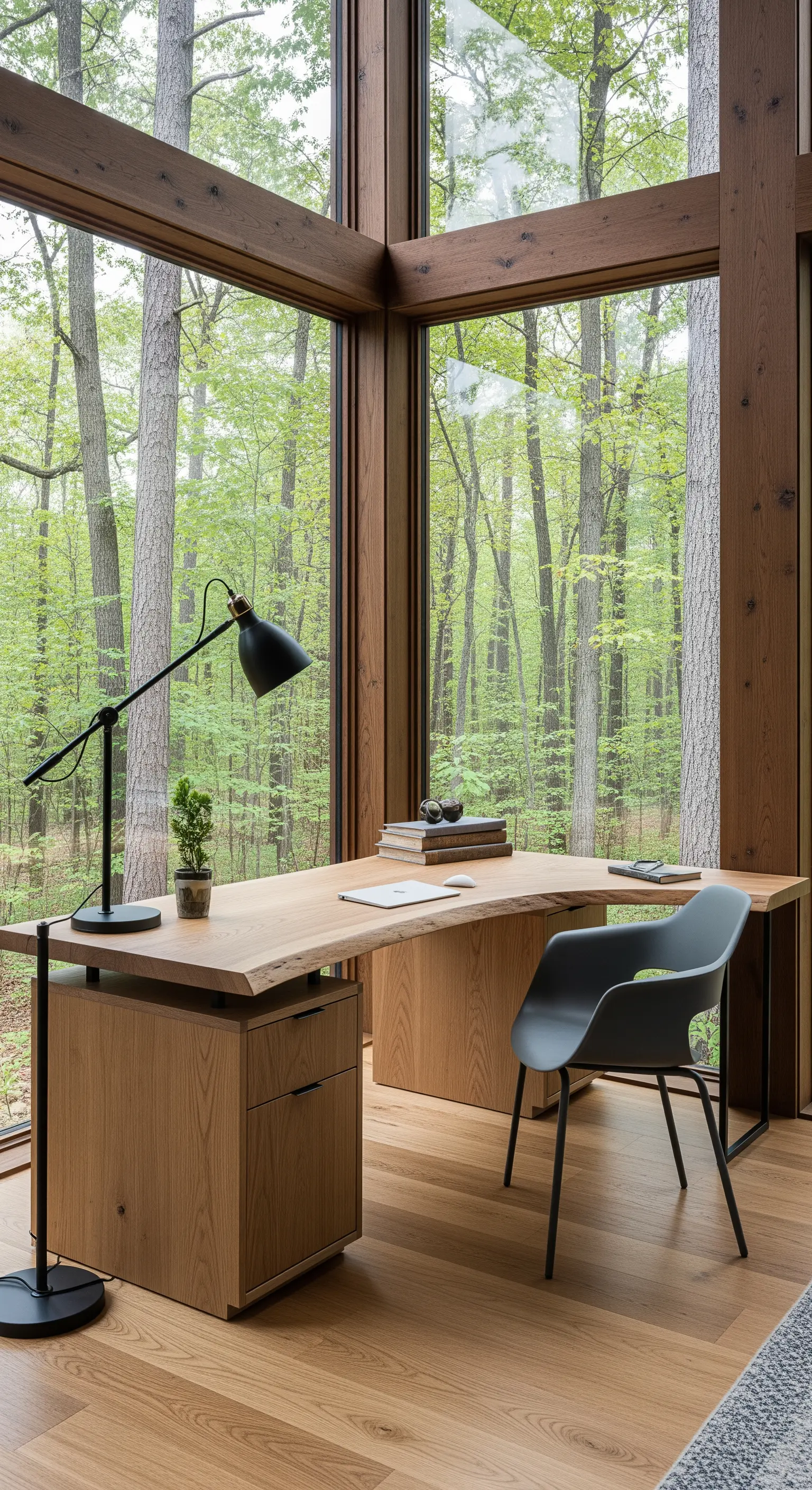 Scrivania a L in legno massiccio con bordo irregolare davanti a una vetrata sul bosco.