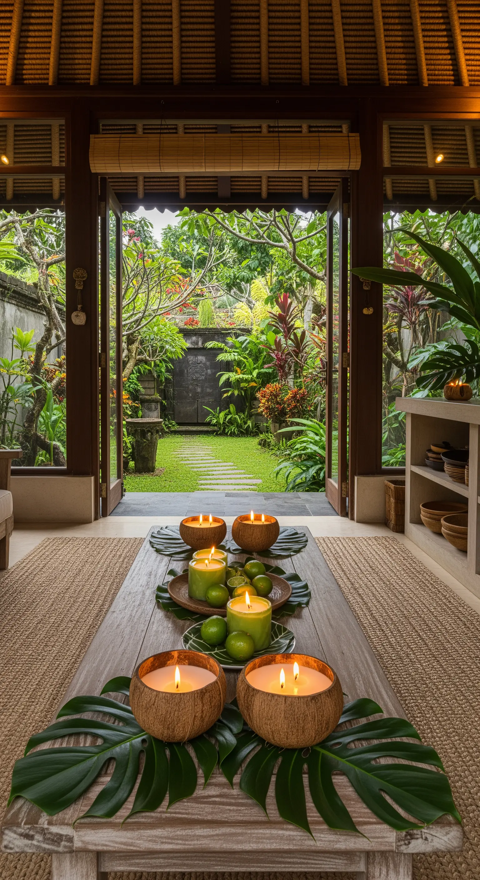 Tavolo in legno con candele in noci di cocco, affacciato su un rigoglioso giardino tropicale.