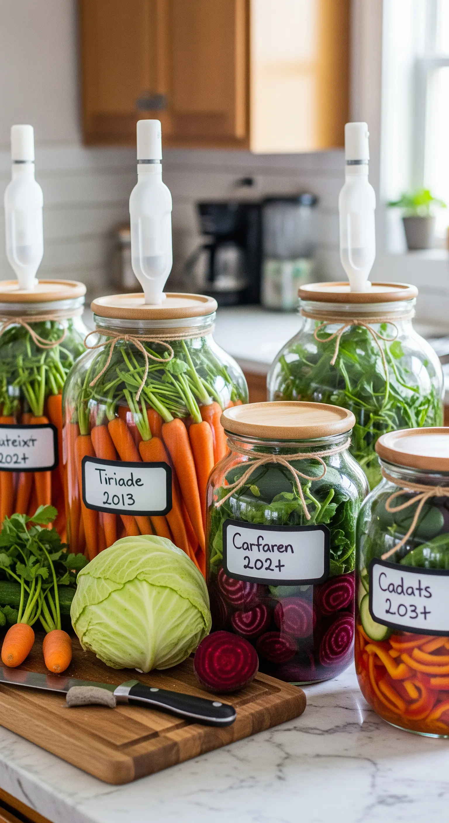 Grandi barattoli di vetro con coperchi per la fermentazione di verdure fresche.