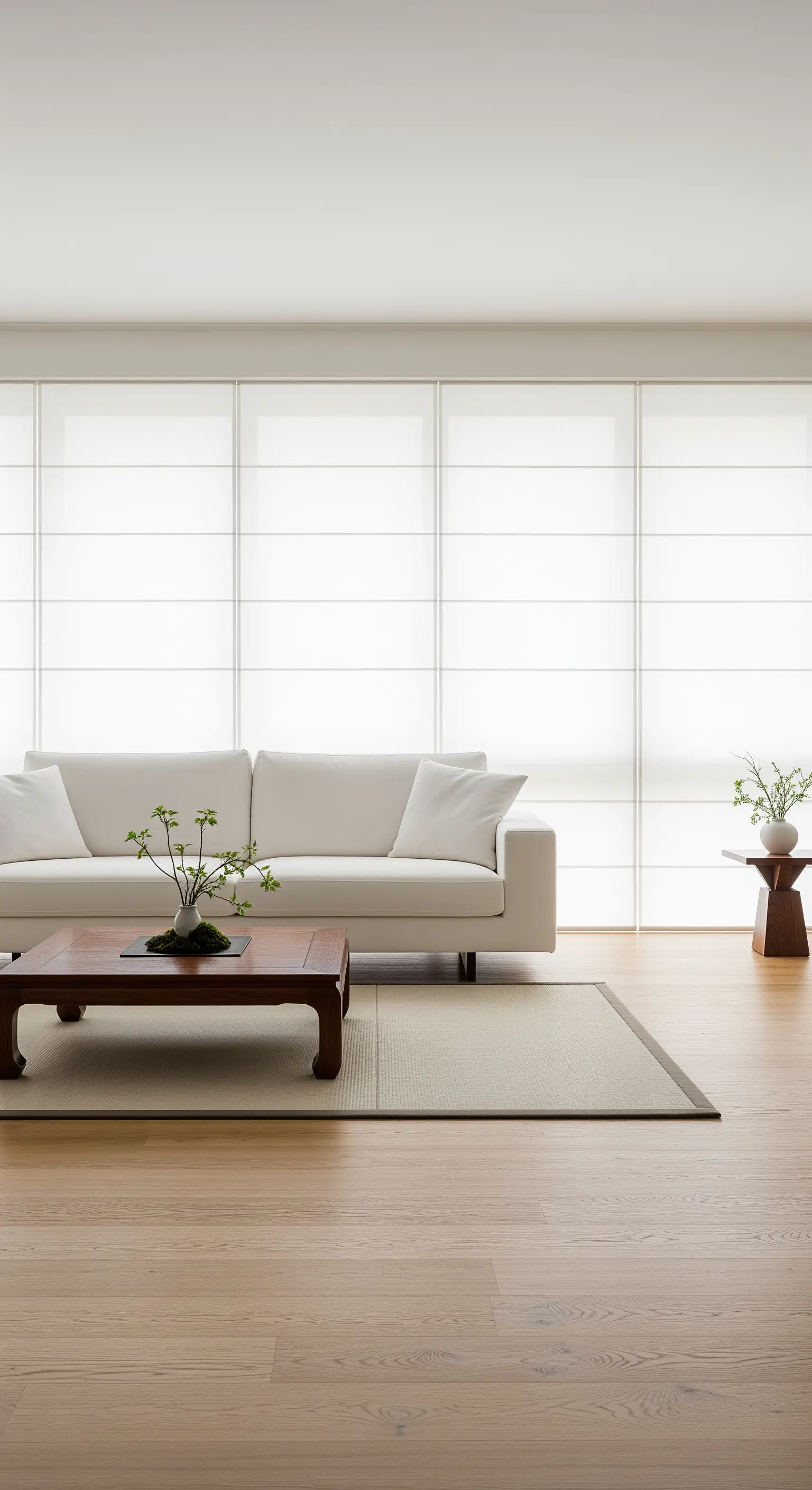 Soggiorno minimalista con divano bianco e pannelli shoji che diffondono la luce.