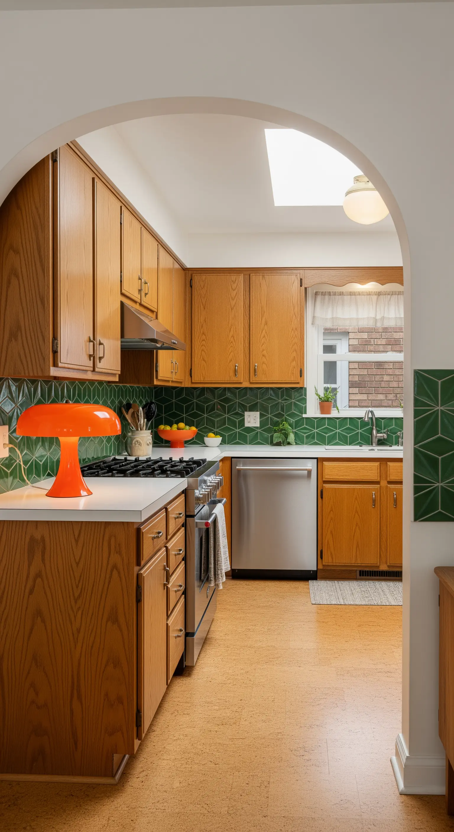 Cucina con mobili in rovere, piastrelle 3D verdi, pavimento in sughero e lampada arancione.