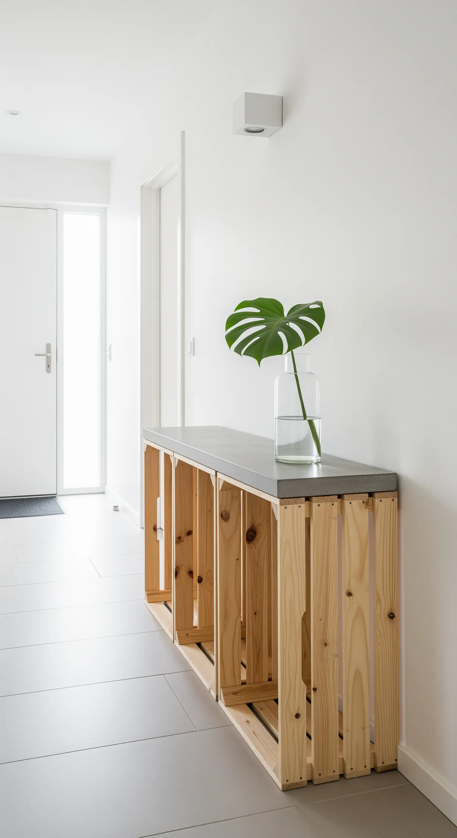 Consolle per ingresso con base in cassette di legno naturale e un piano in cemento grigio.