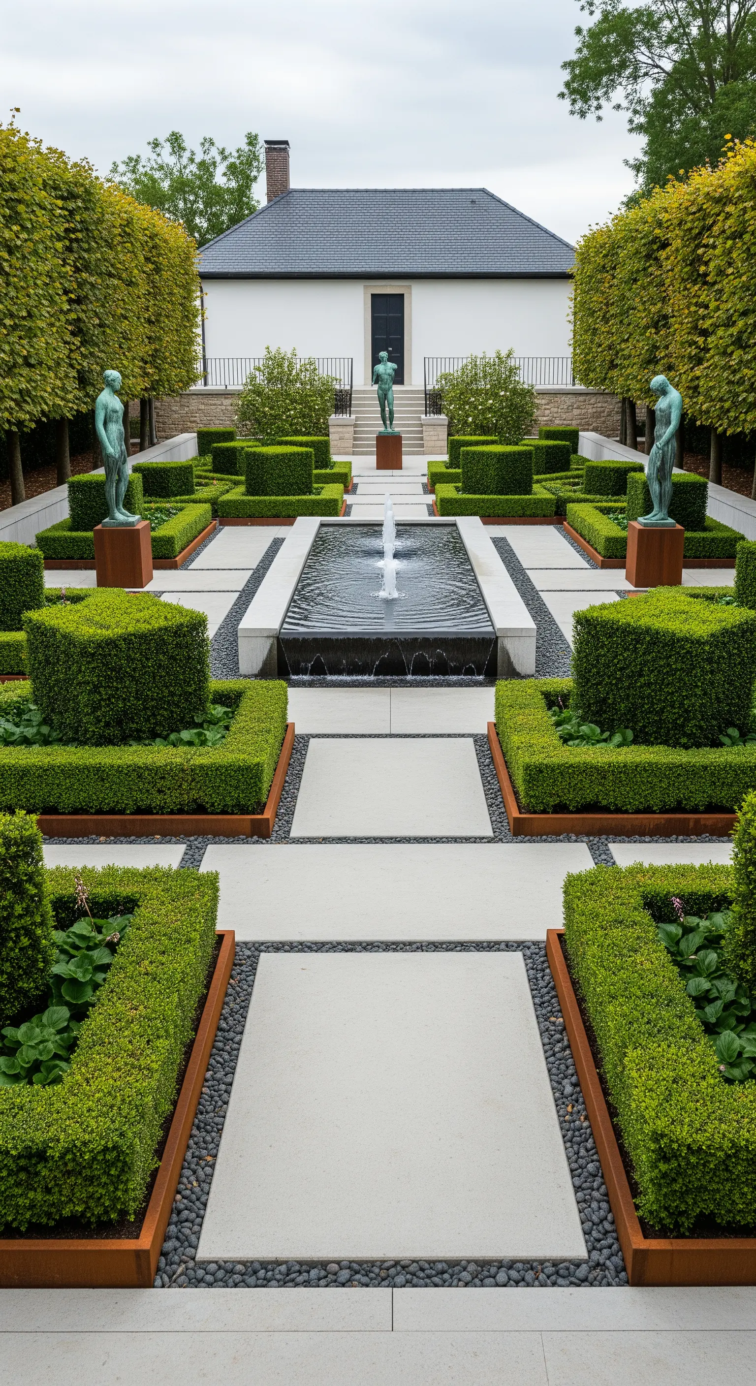 Giardino moderno con aiuole geometriche bordate in Corten, statue di bronzo e una vasca d'acqua rettangolare