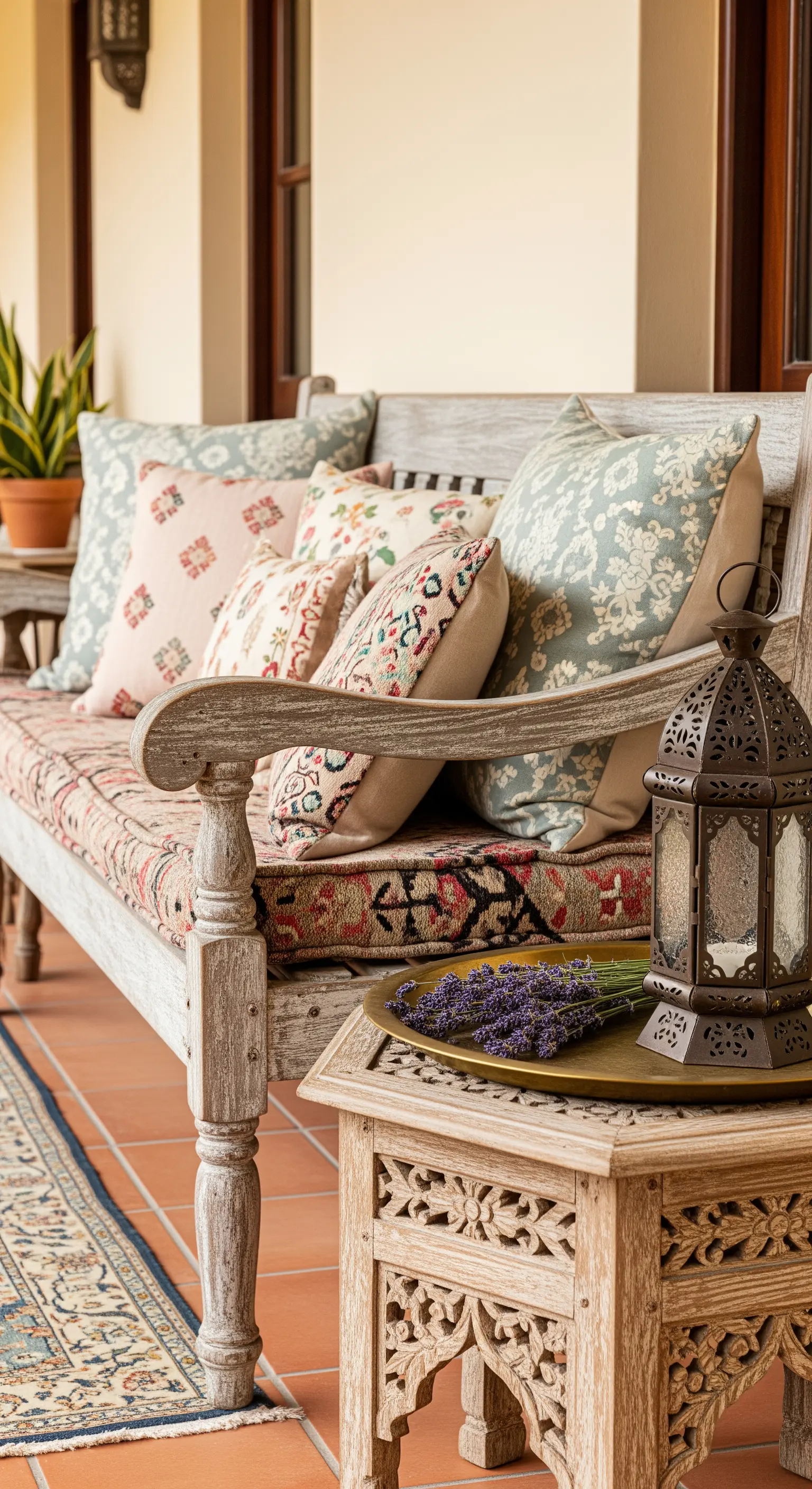 Panca in legno decapato con cuscini e seduta in stile kilim, accanto a un tavolino intagliato.