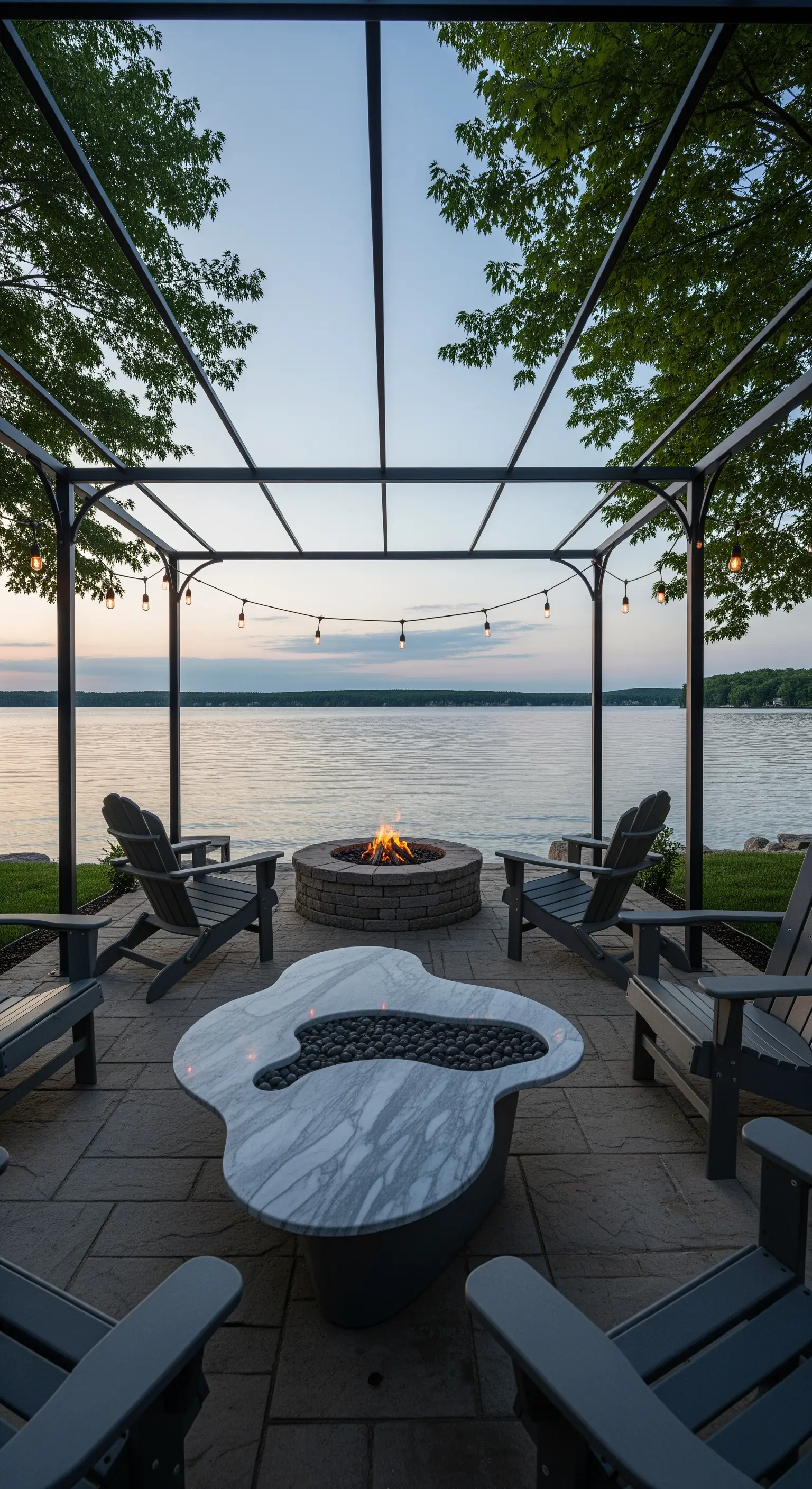 Patio in riva al lago con pergola, braciere e un tavolino di design in marmo e pietra.