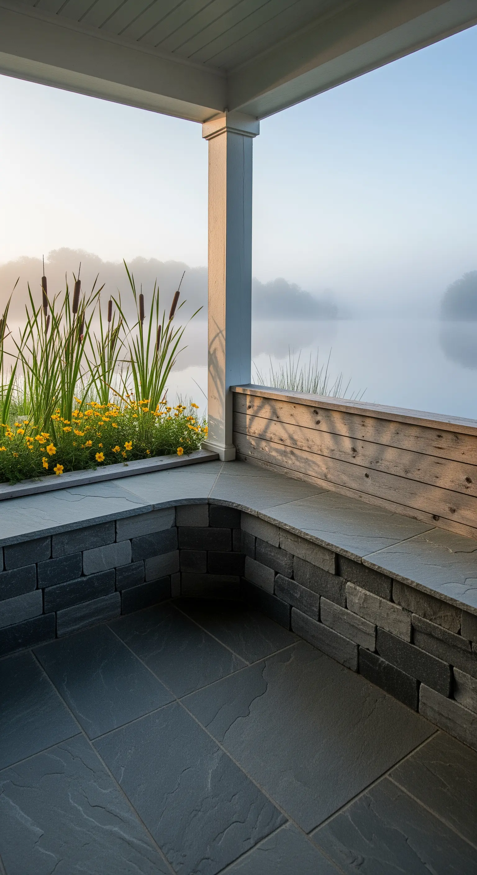 Portico moderno con panca angolare in pietra scura e pavimento in ardesia vista lago.
