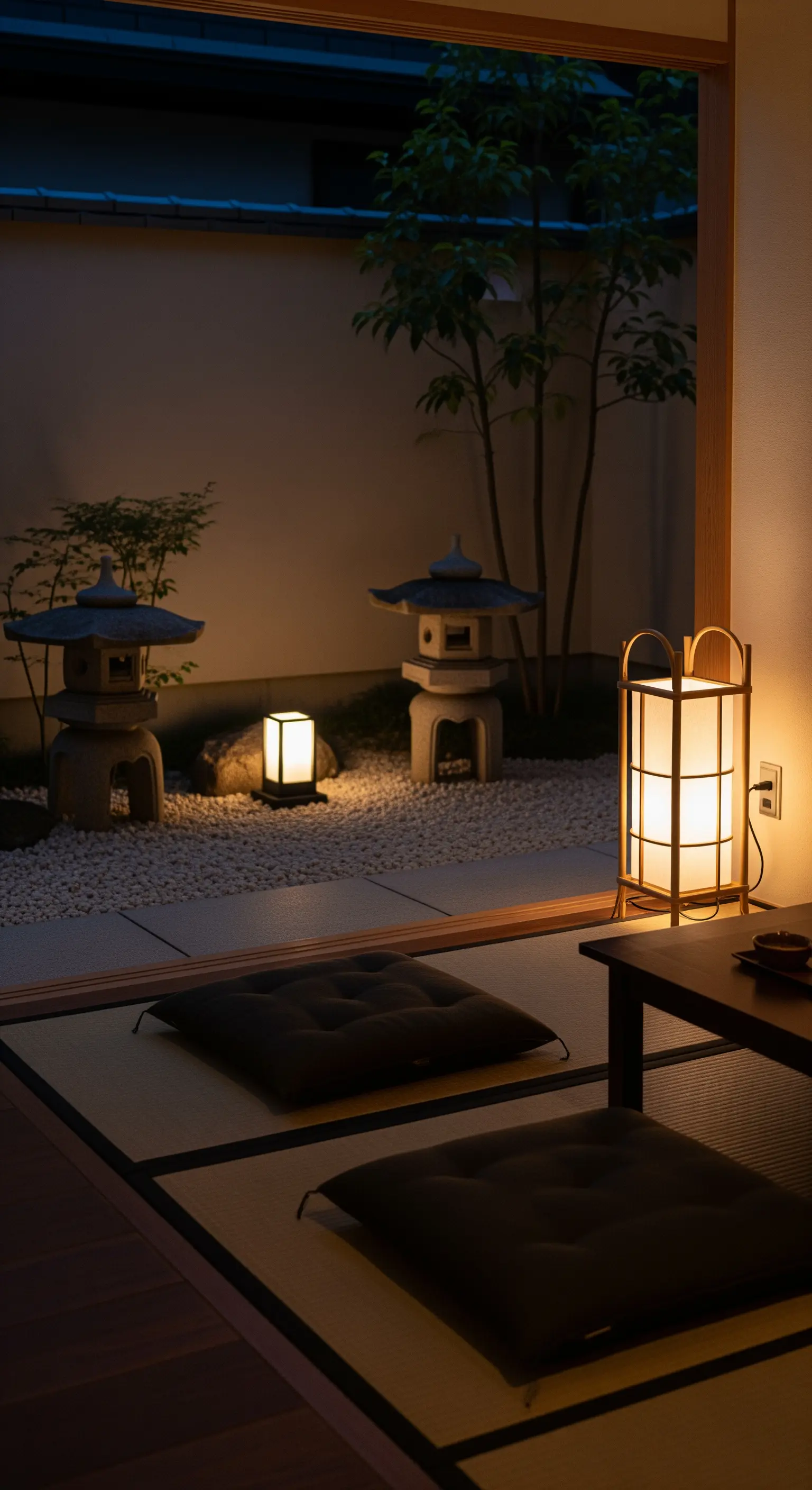 Interno in stile giapponese con vista su un giardino zen illuminato da lanterne di pietra.