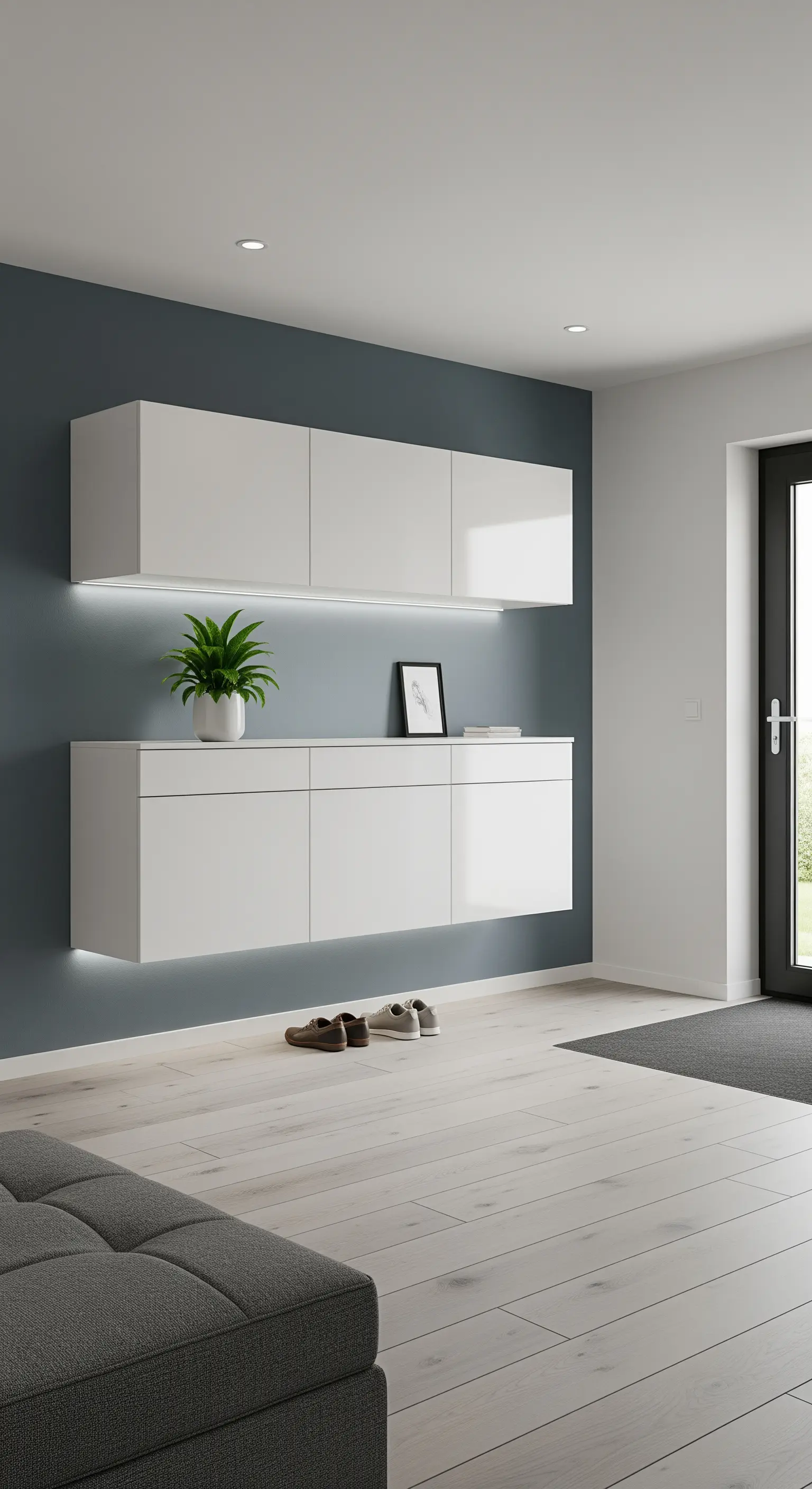 Mobili contenitori sospesi bianchi su una parete grigio-blu, con luce LED.