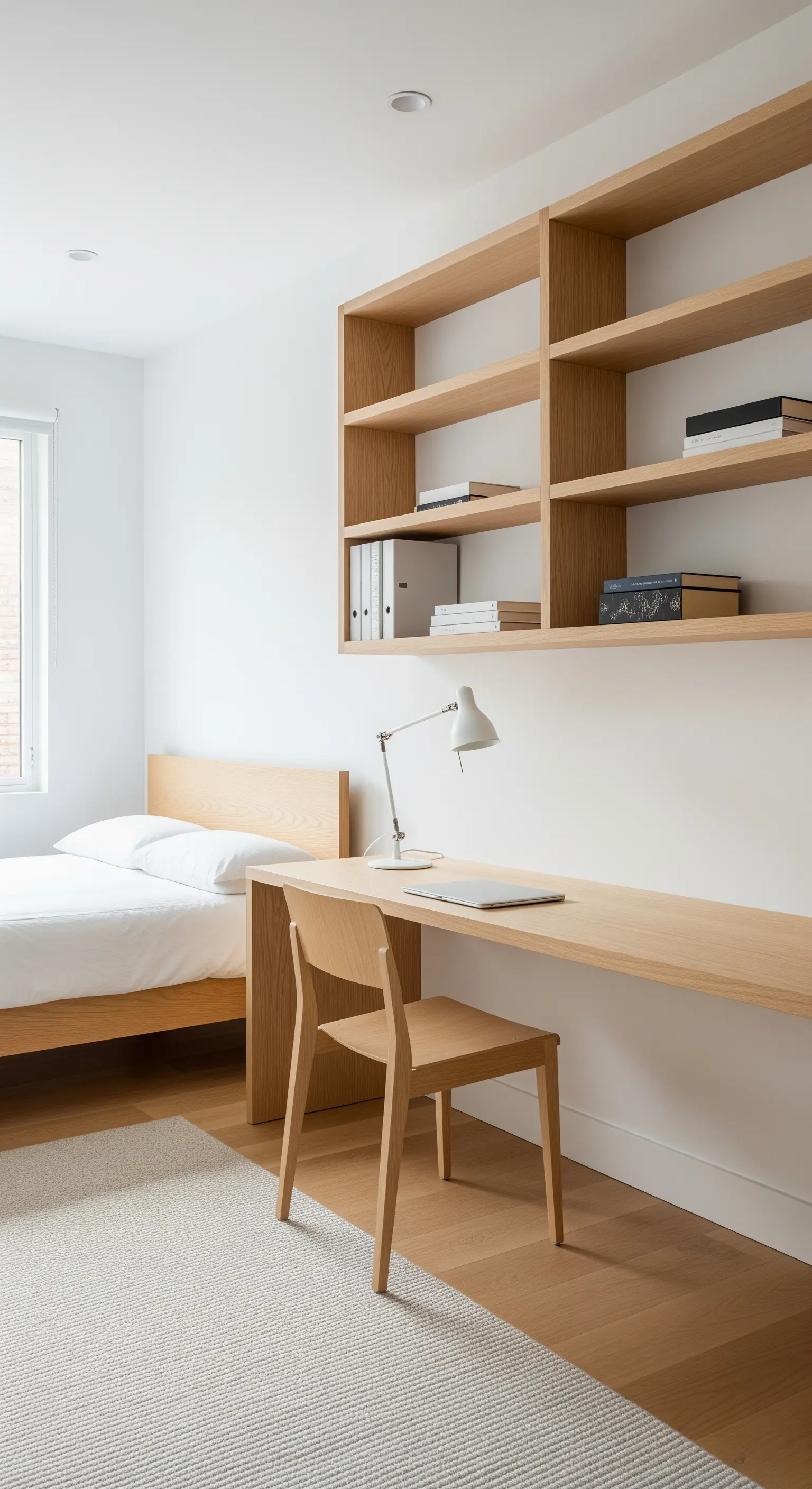 Scrivania e libreria in rovere chiaro integrate nella parete di una camera da letto.