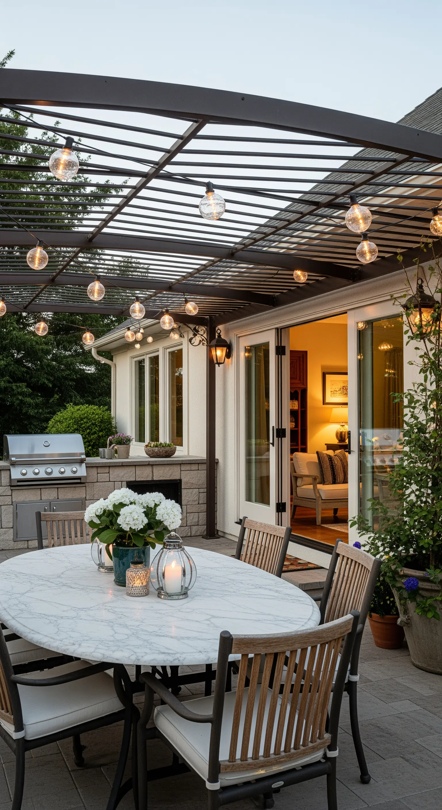 Patio con tavolo in marmo che funge da estensione di un salotto moderno, grazie a una porta a vetri.