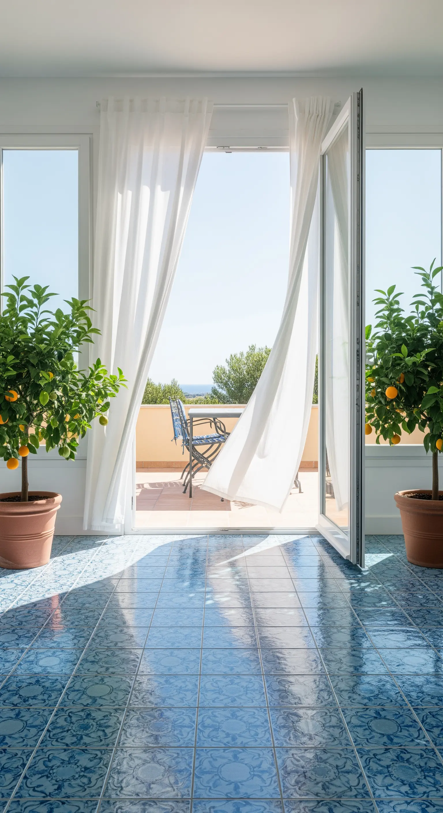 Stanza con pavimento in maioliche blu che prosegue su un balcone con vista mare.