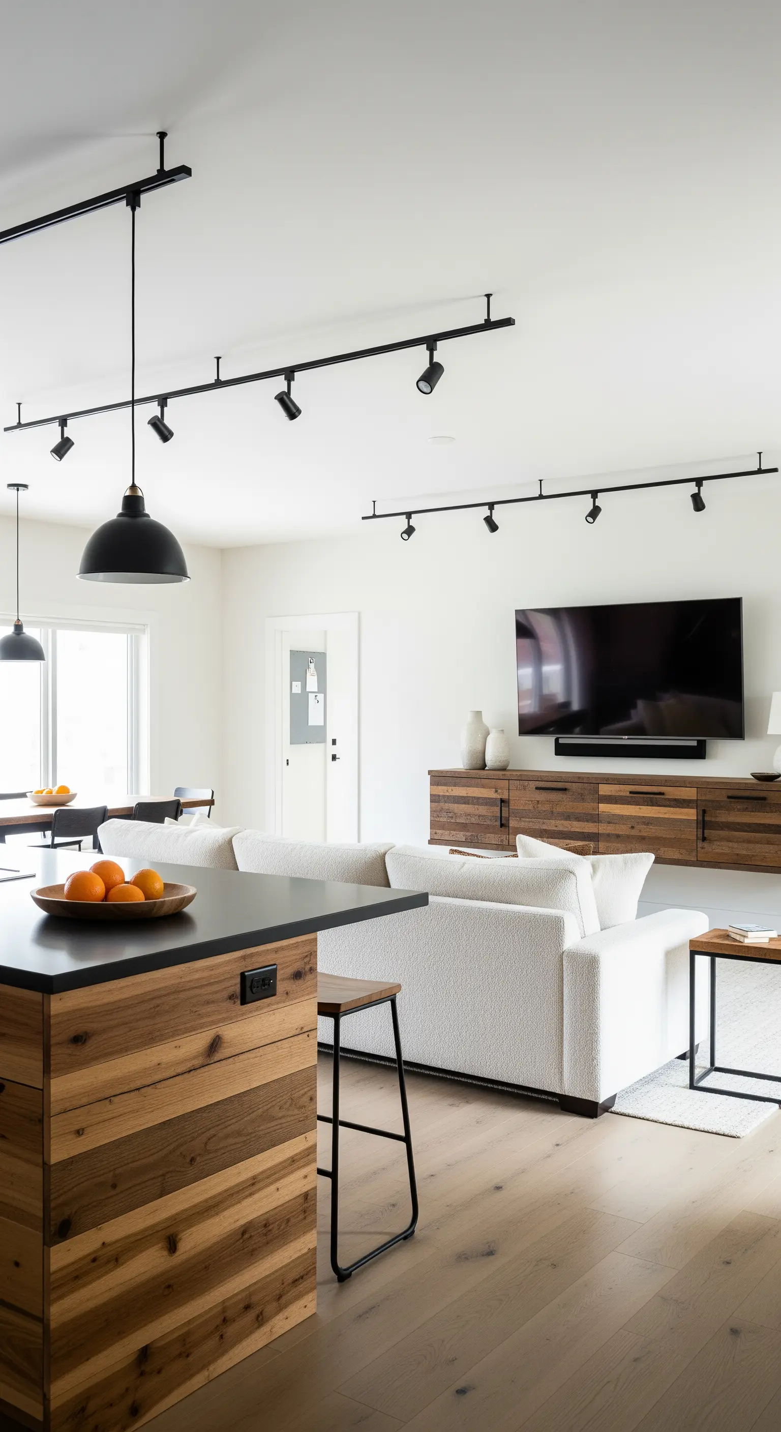 Open space con illuminazione a binario nera, isola e mobile TV in legno.