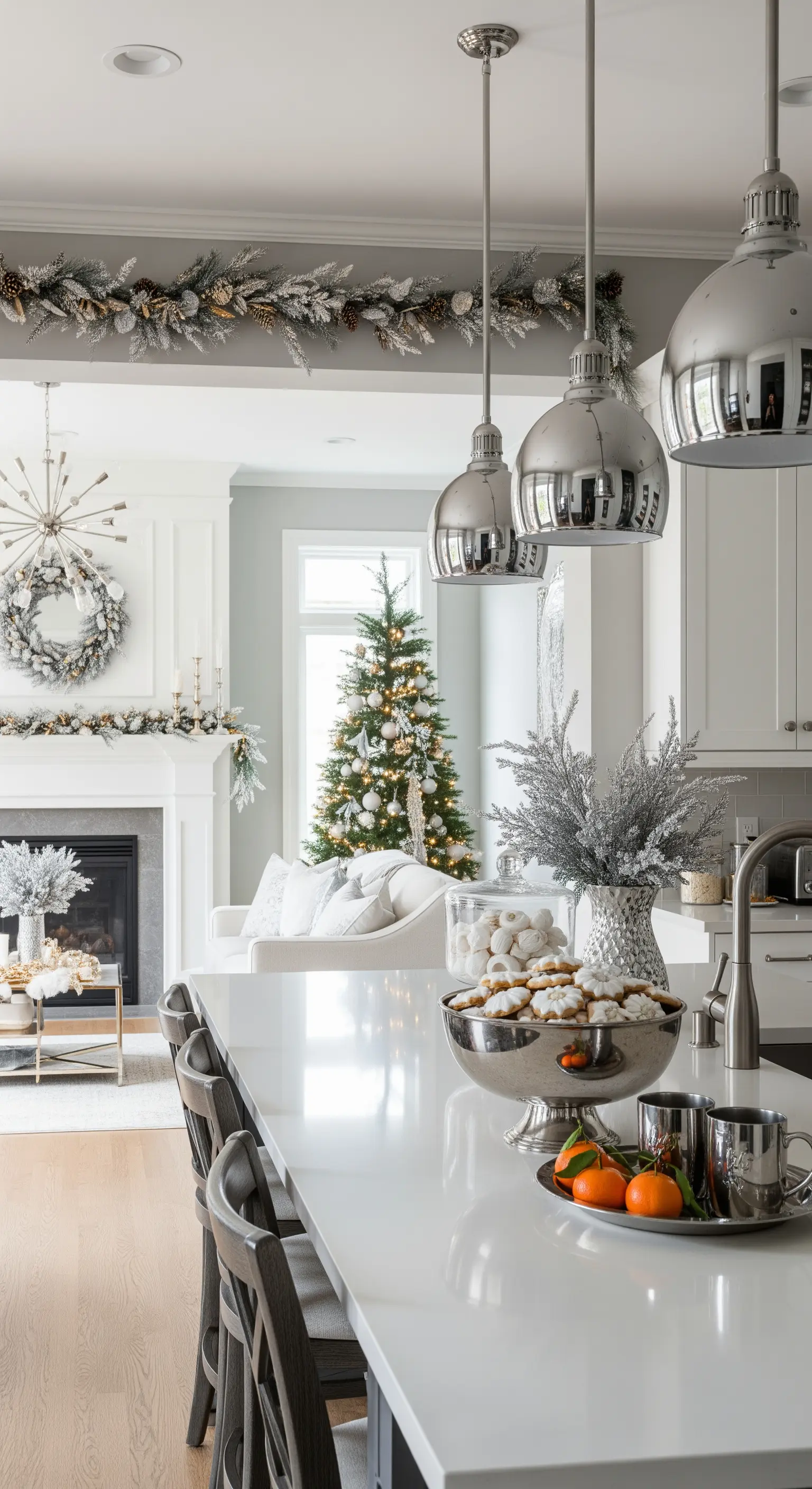 Vista da un'isola cucina verso un salotto, con decorazioni coordinate in argento e verde brinato.