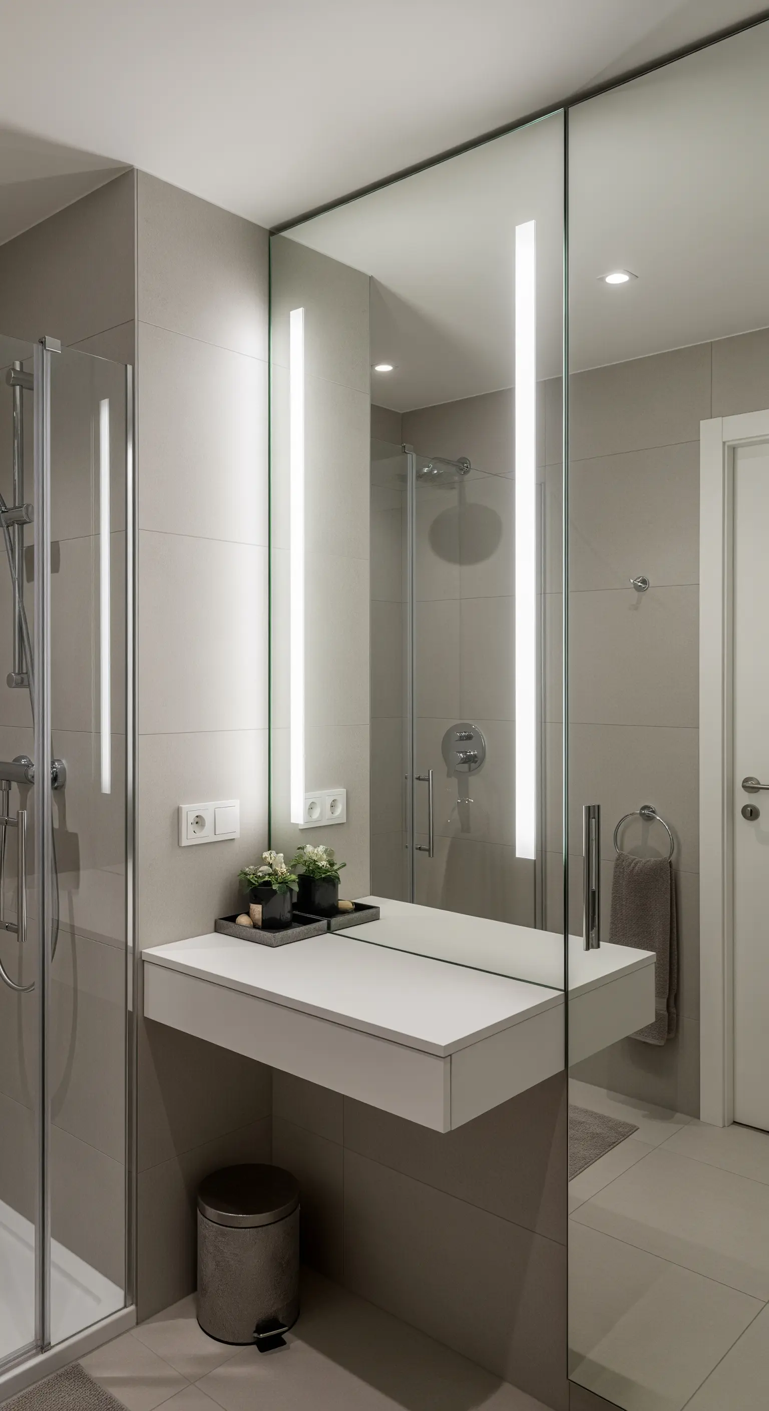 Mensola beauty bianca integrata in una parete a specchio che prosegue fino alla doccia.