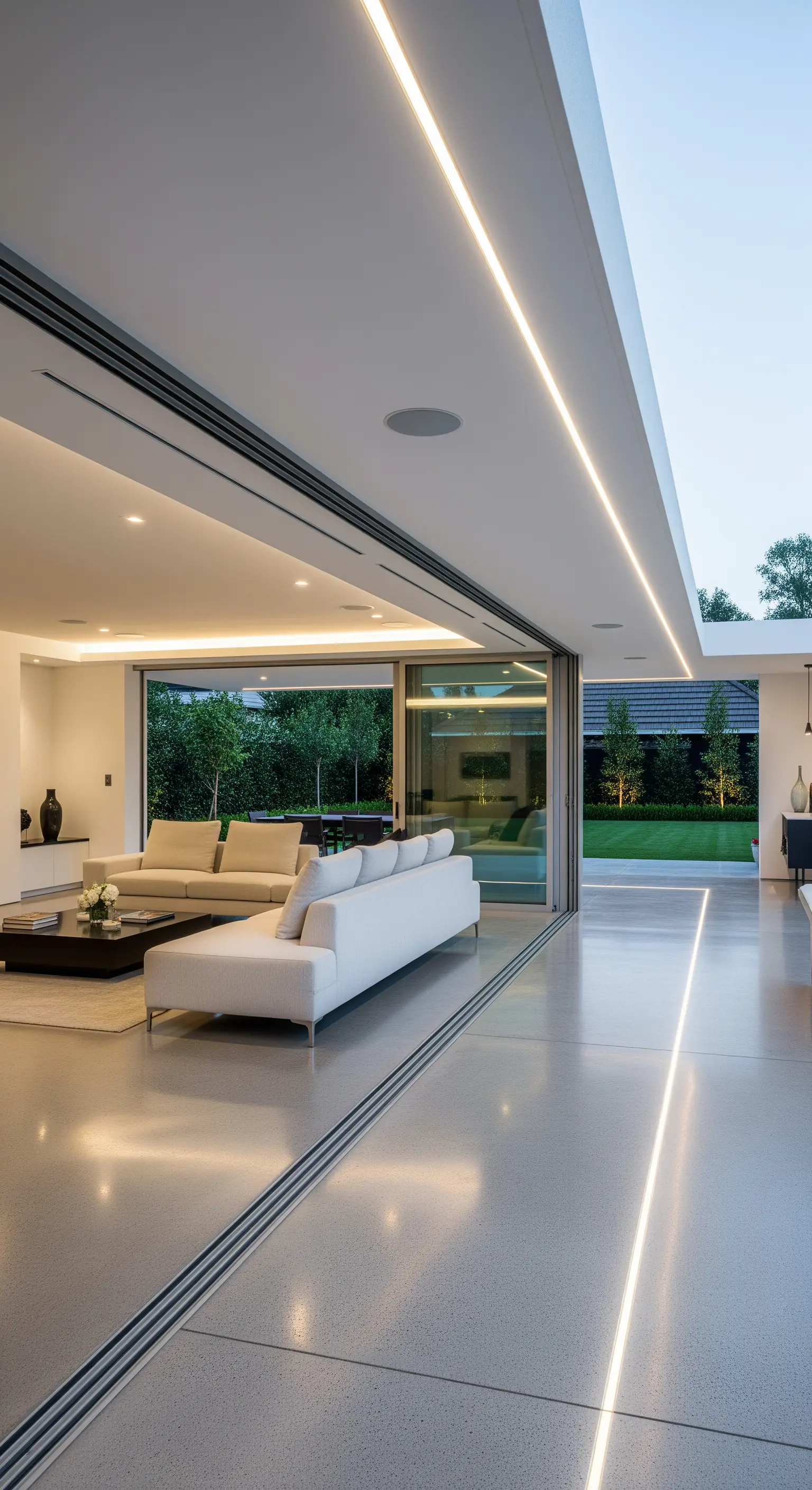 Soggiorno moderno con pavimento in cemento levigato che prosegue all'esterno senza interruzioni.