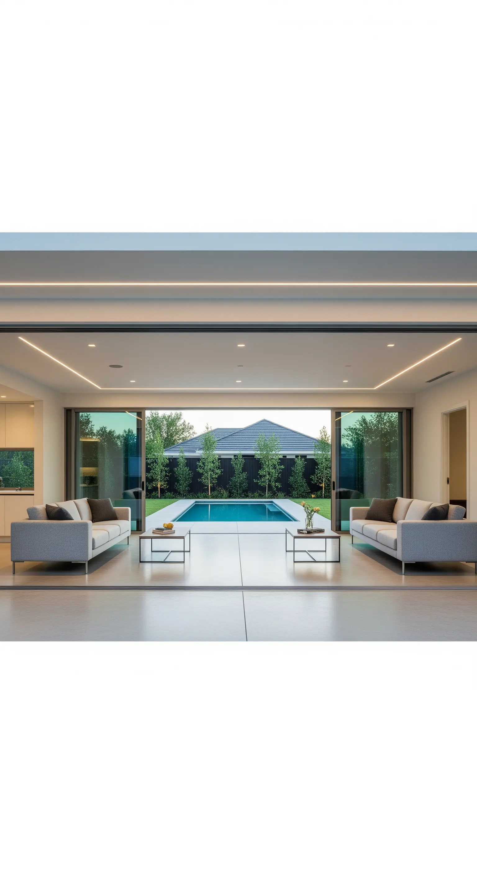 Spazio living che si apre su un patio con piscina, creando un ambiente unico e continuo